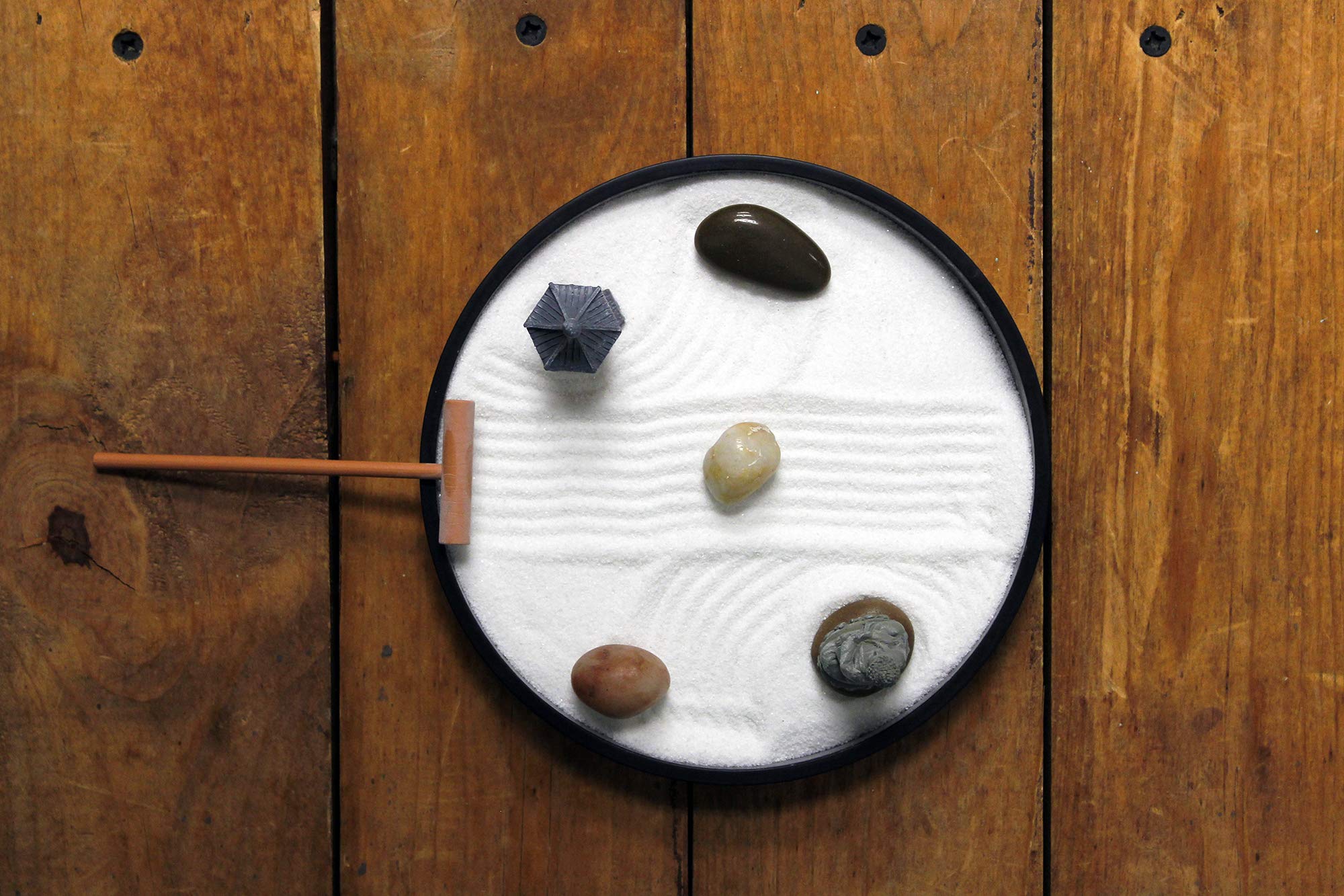 Complete kit of Nature's Mark Mini Zen Garden with river rocks
