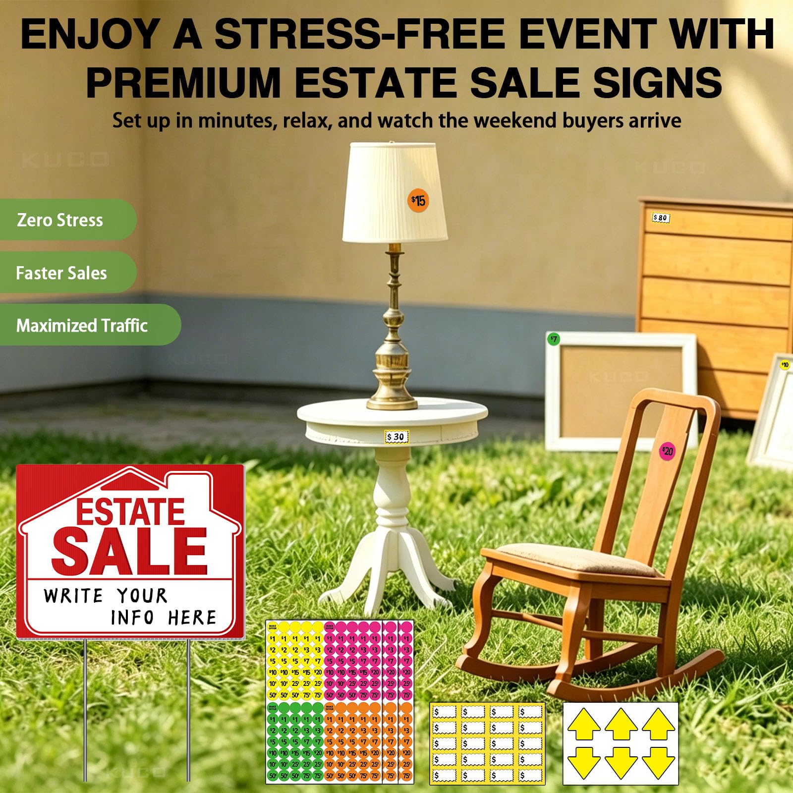Complete Kuco estate sale signs kit with all included accessories laid out