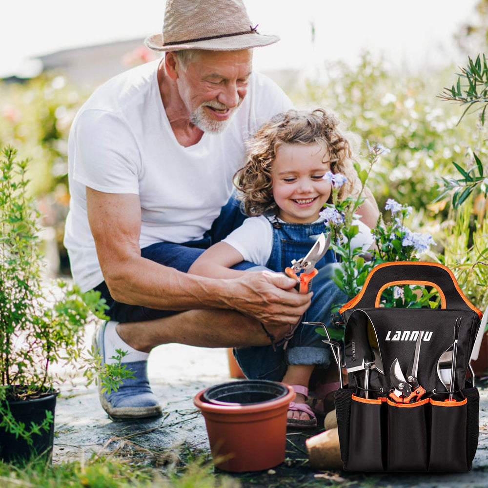 Complete LANNIU gardening tool set displayed outdoors