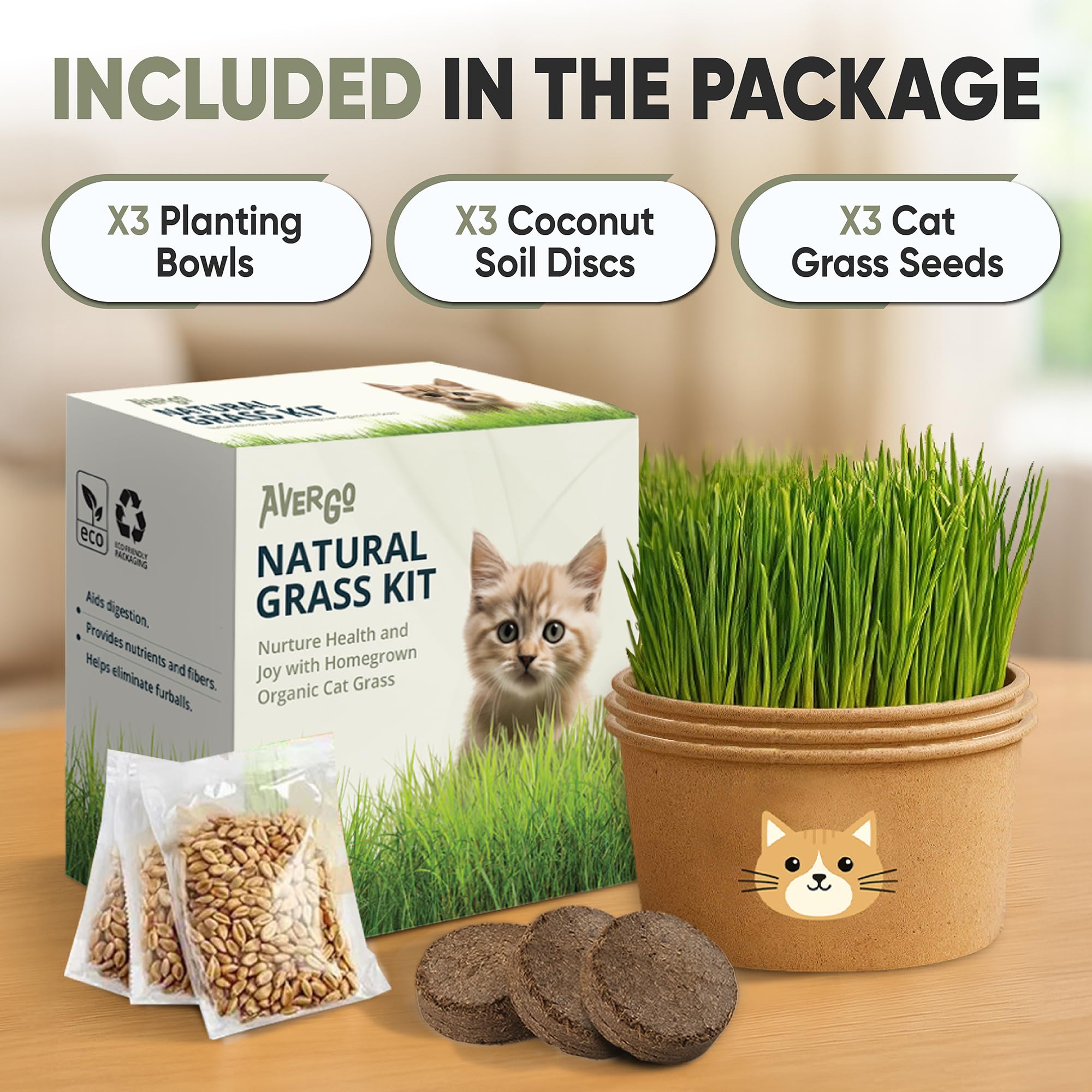 Complete overview of AVERGO Cat Grass Kit components