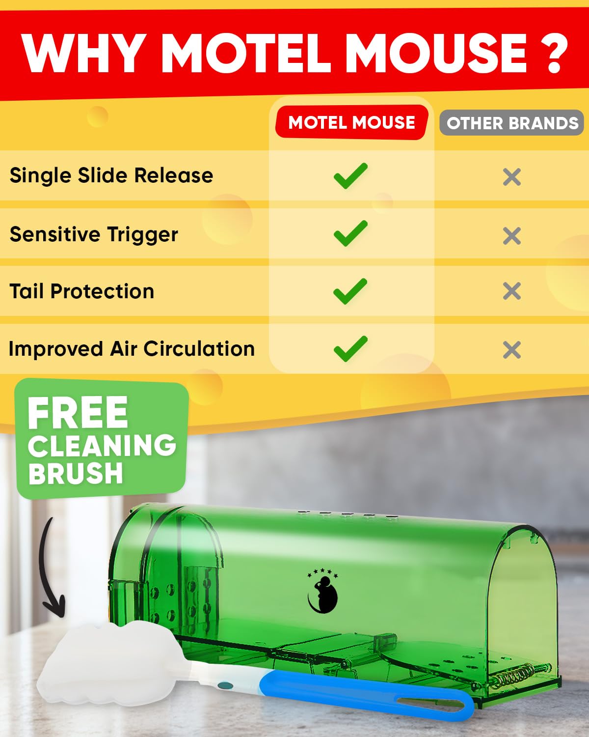 Complete package of Motel Mouse traps with cleaning brush and instruction booklet