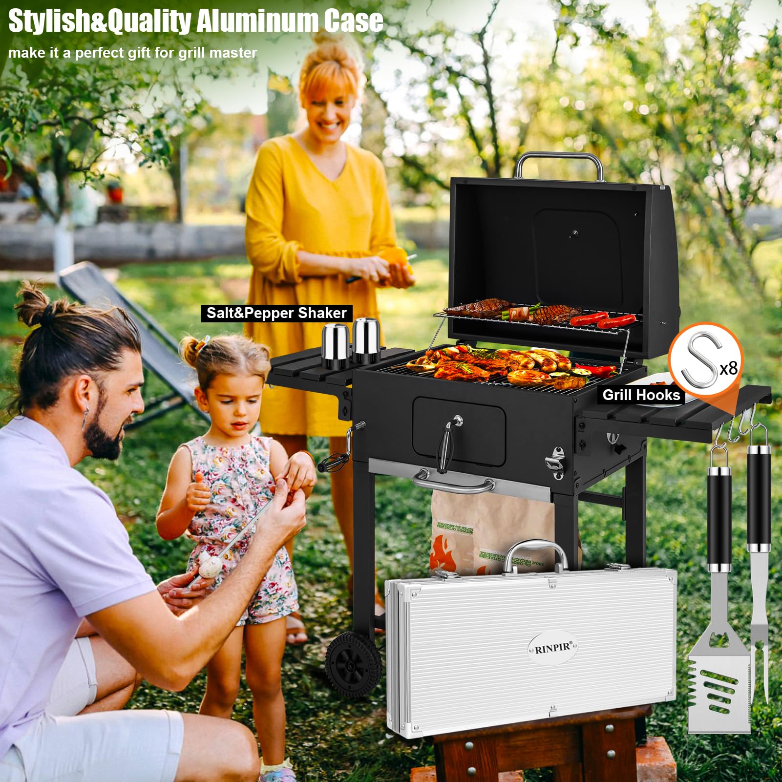 Complete RINPIR grilling tool set with accessories displayed