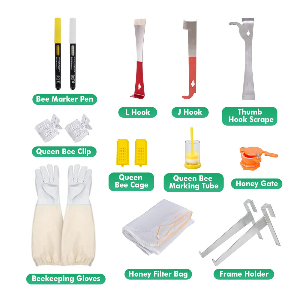 Complete set of beekeeping tools including smoker and frame grip