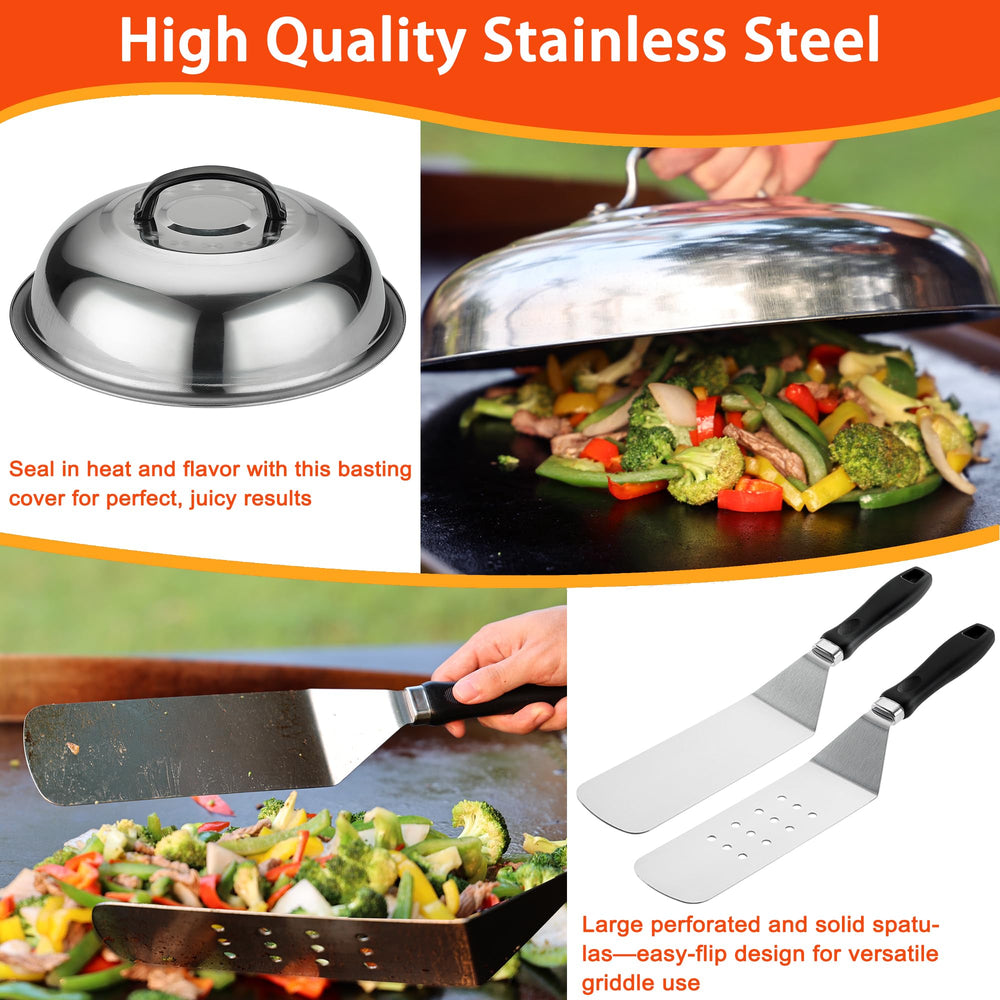Complete set of stainless steel griddle tools in storage bag
