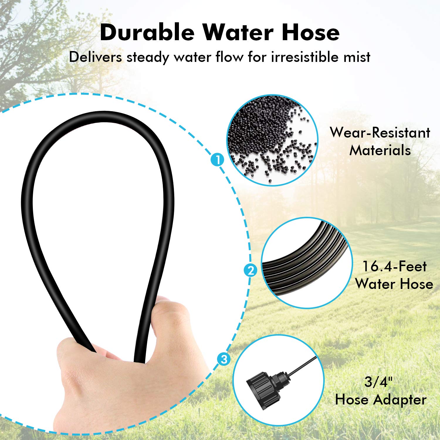 Complete set-up of the misting fan kit in an outdoor patio