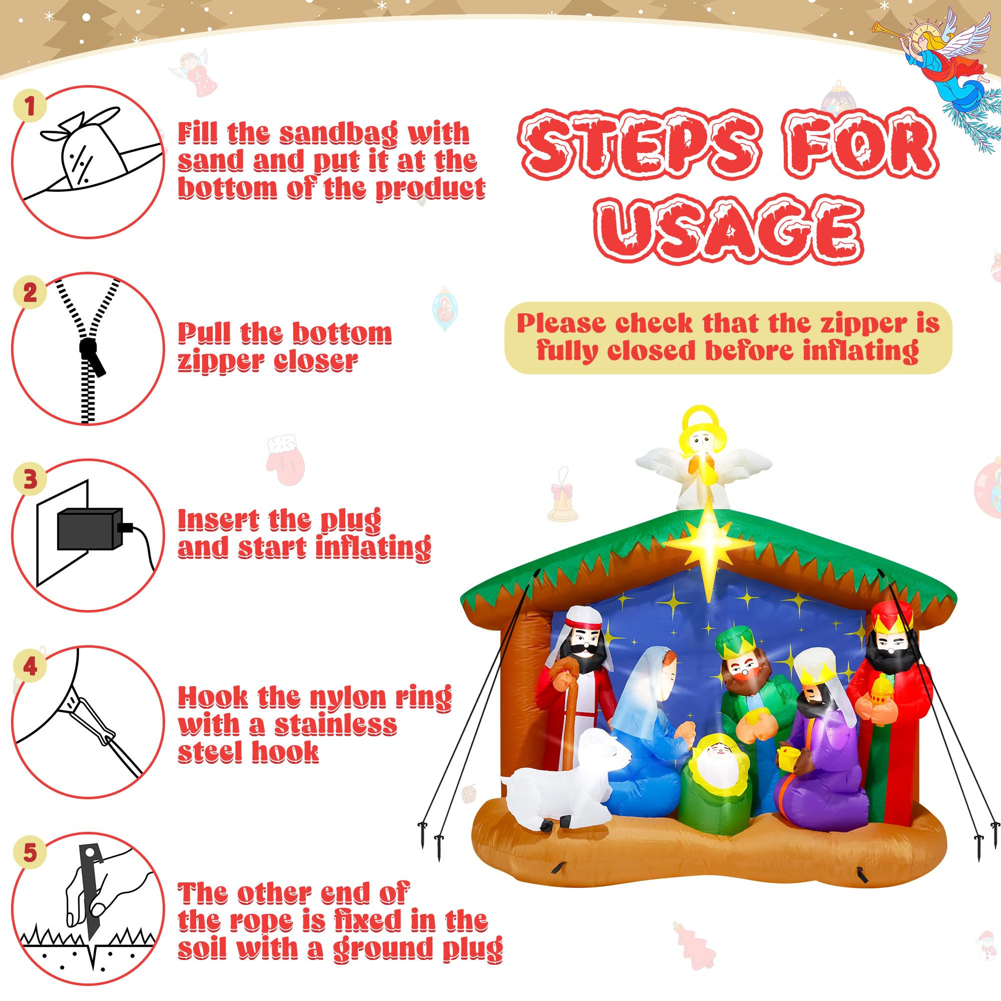 Complete setup of the inflatable Nativity scene with stakes and ropes