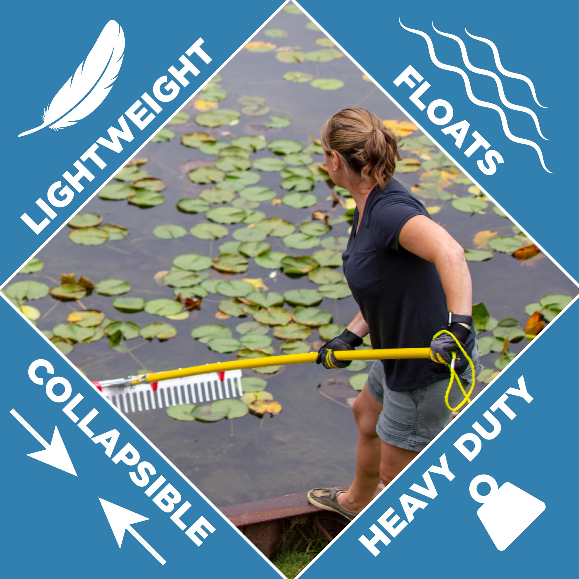 Complete setup of the Weed Razer Rake with rope and floats