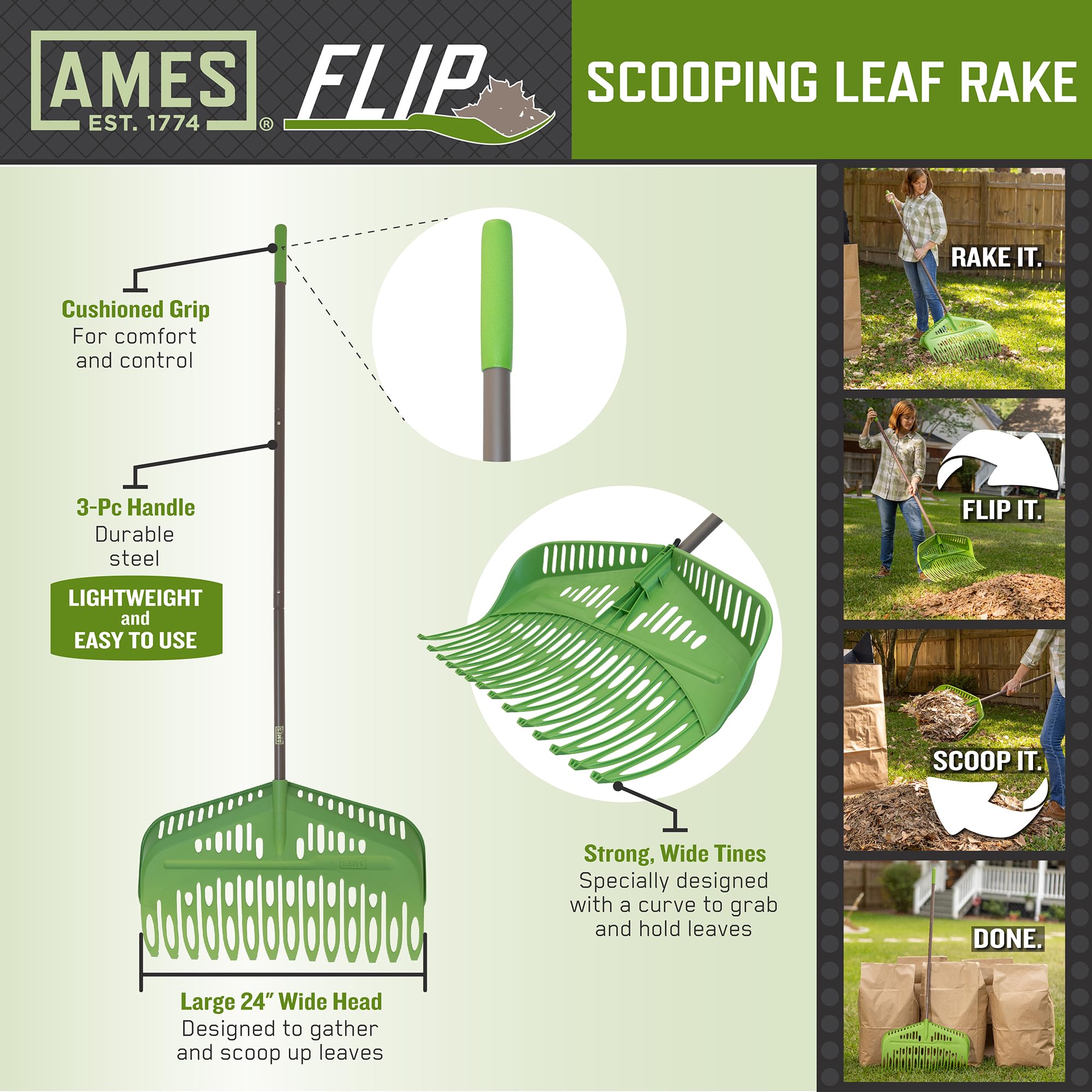Complete view of AMES Flip Scooping Leaf Rake on grass