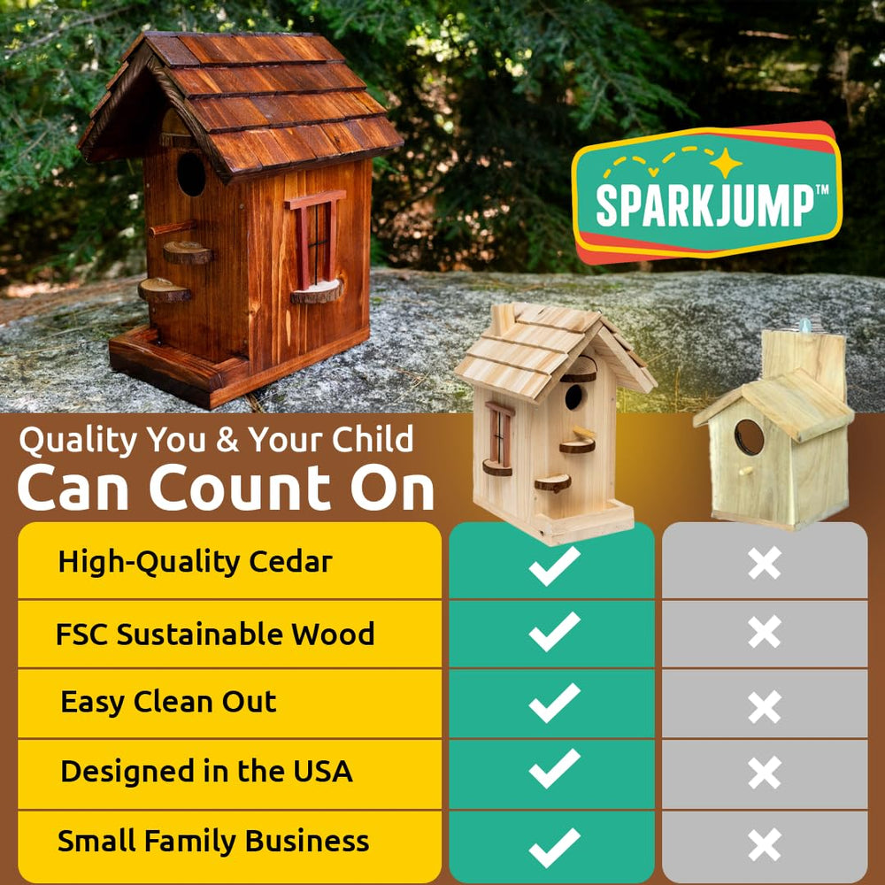 Completed SparkJump Wooden Birdhouse with perch