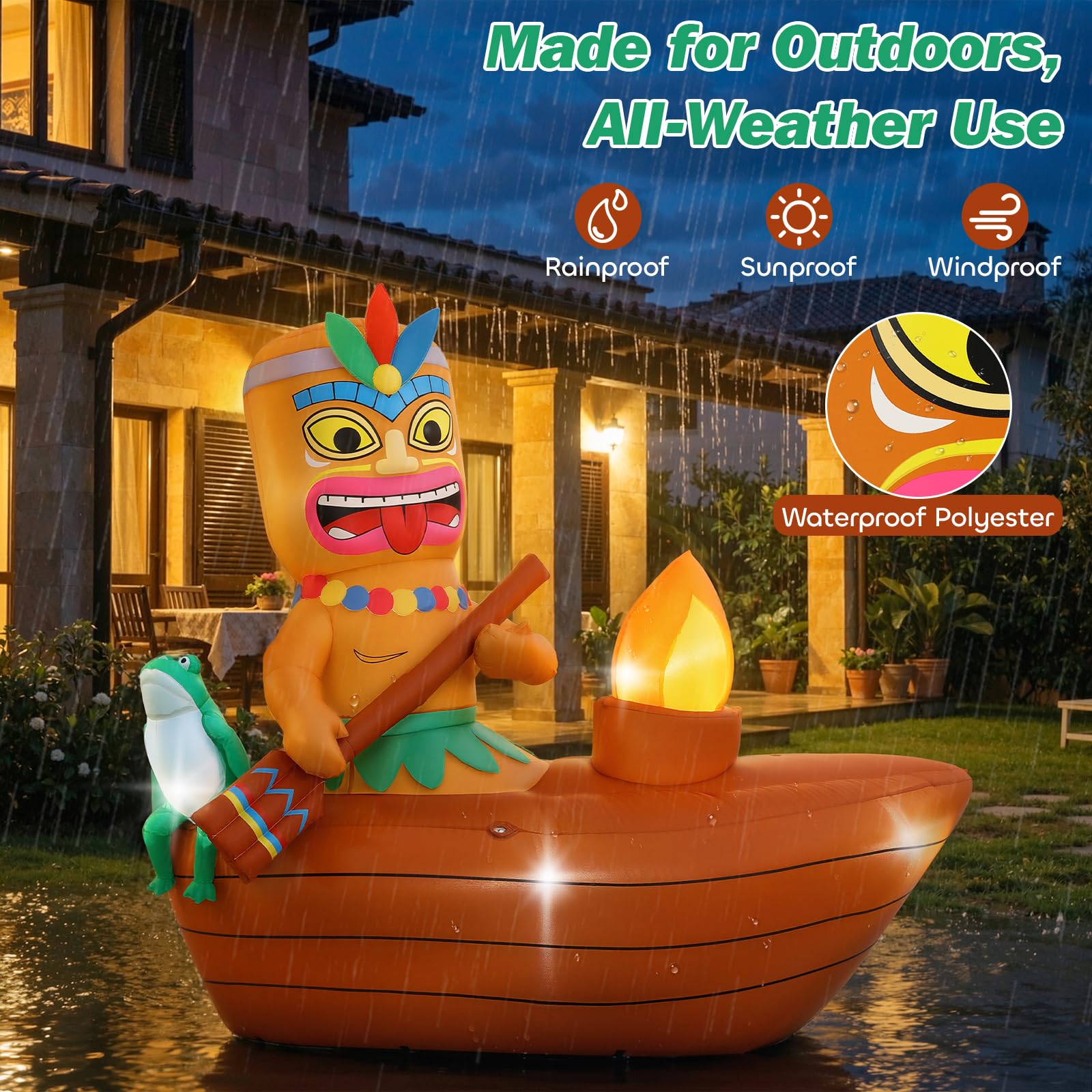 Components of Lewondr inflatable tiki decor including blower and stakes