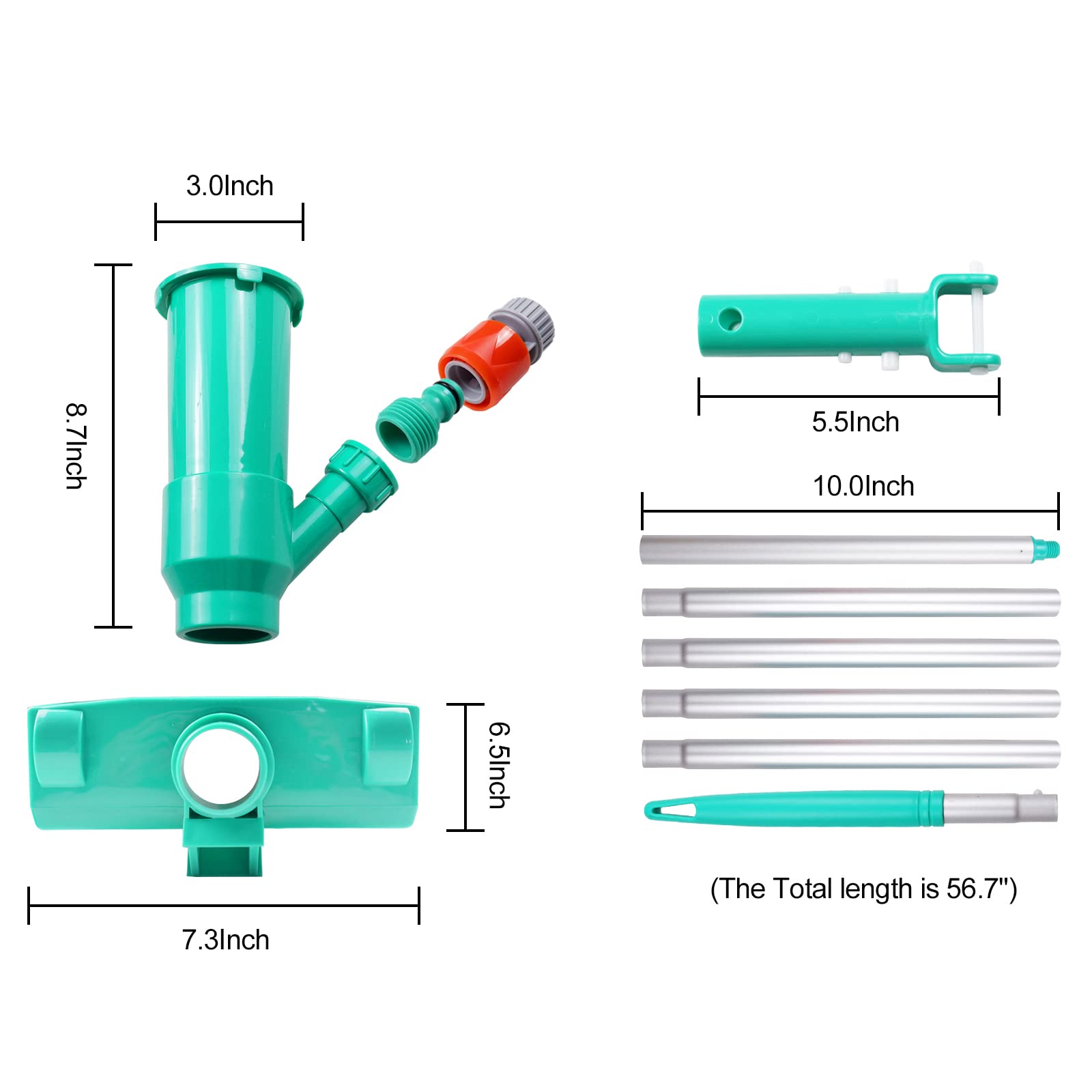 Components of POOLWHALE Mini Jet Vac including pole and brush
