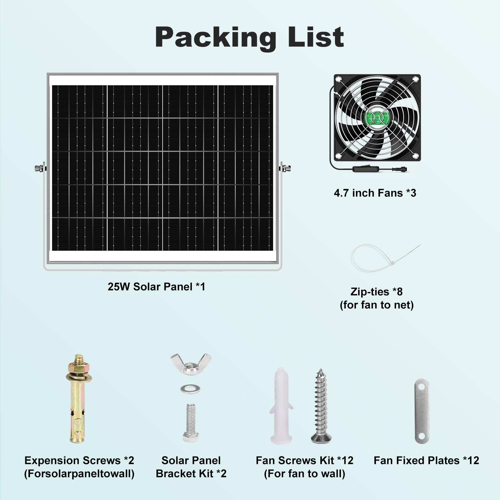 Components of pqins Solar Greenhouse Fan Kit laid out