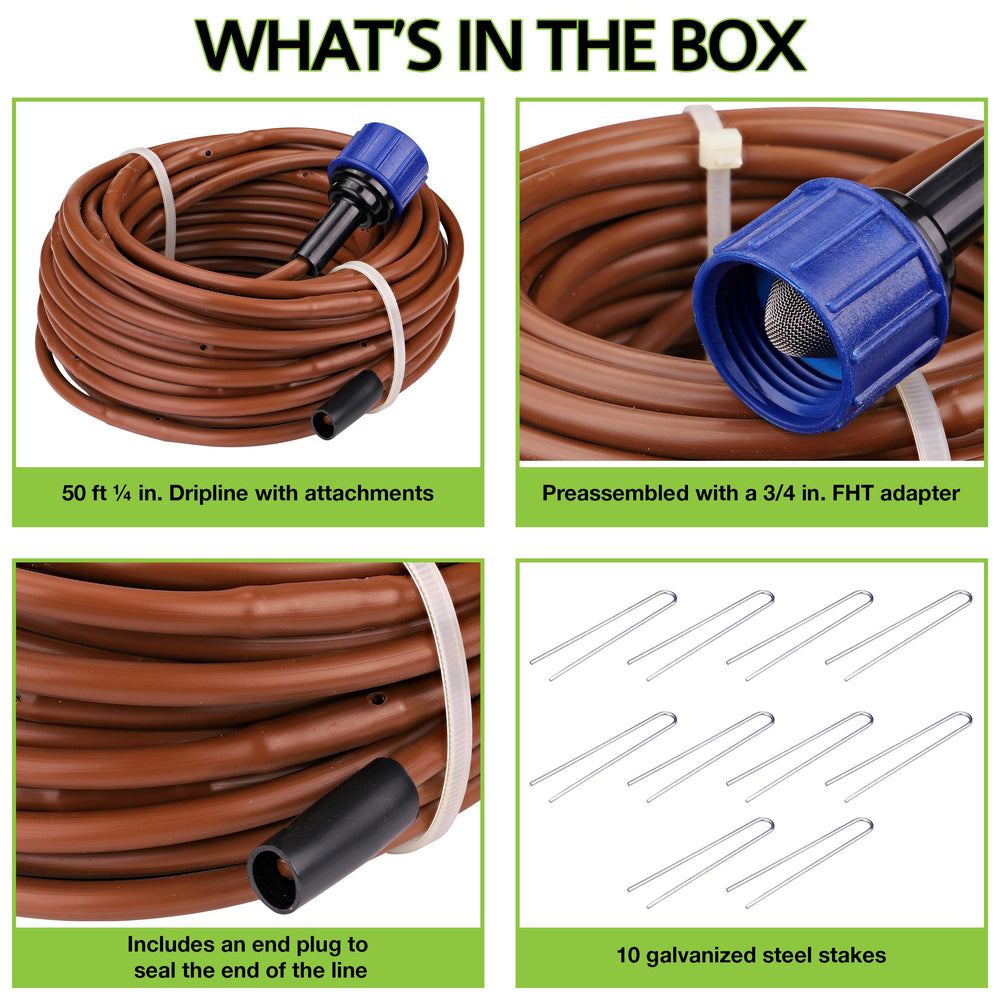 Components of Raindrip irrigation kit including stakes and end plug