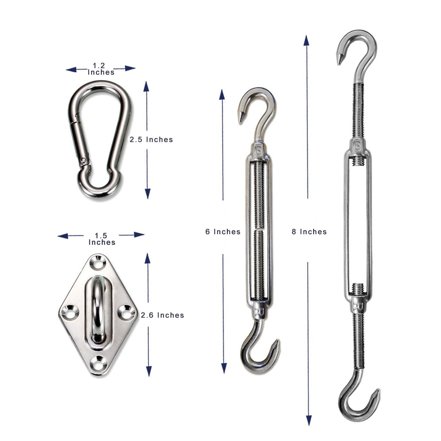 Components of the LOVE STORY hardware kit including turnbuckles and pad eyes