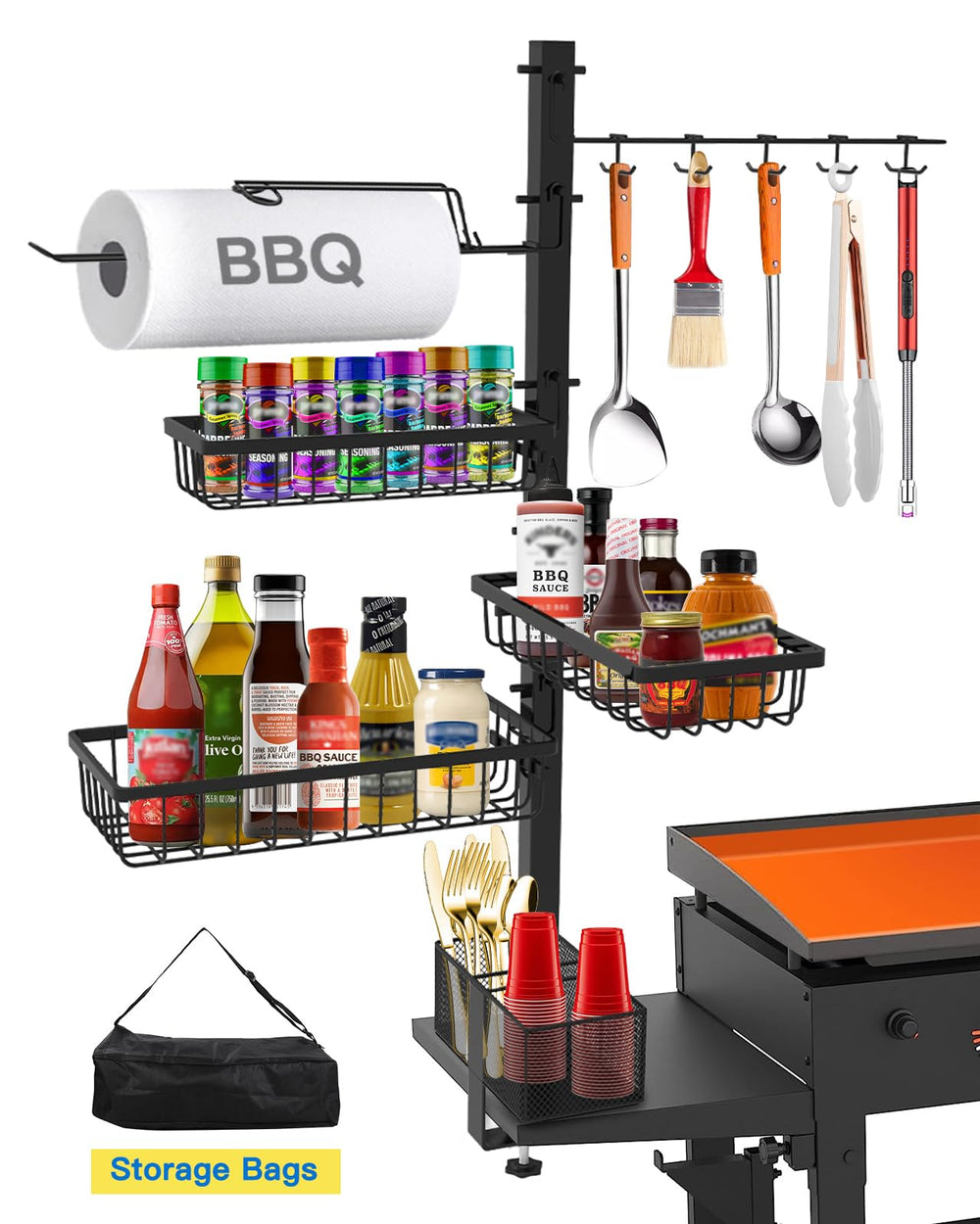 Concons Griddle Caddy black model front view with spice racks