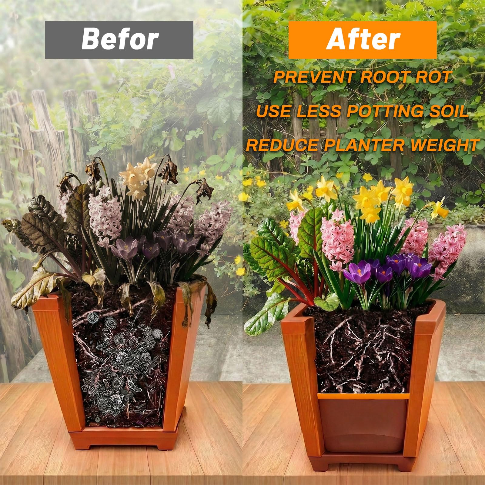 Conderyang 11-inch square planter insert, orange with flowers