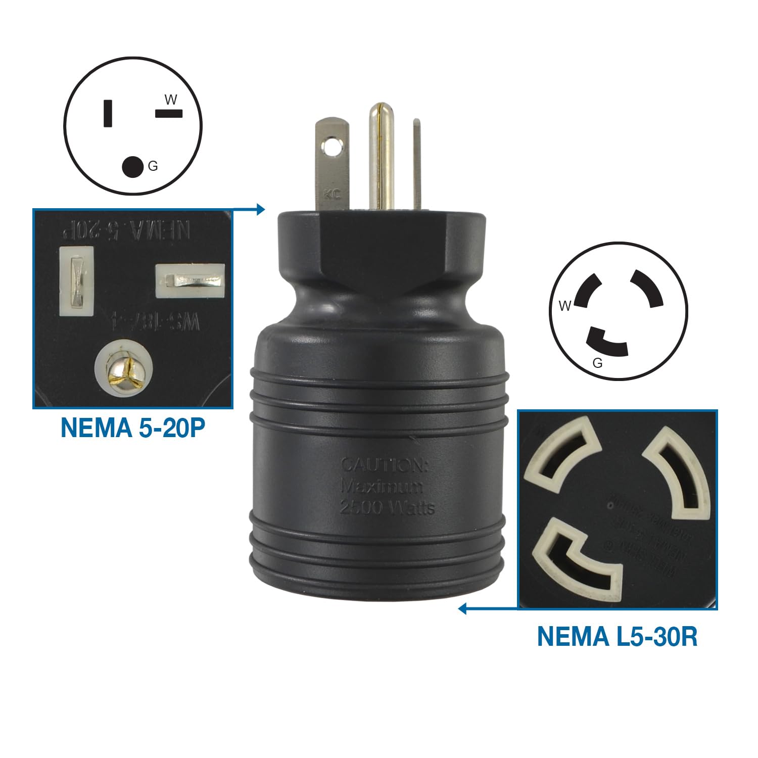 Conntek Plug Adapter NEMA 5-20P to NEMA L5-30R side view