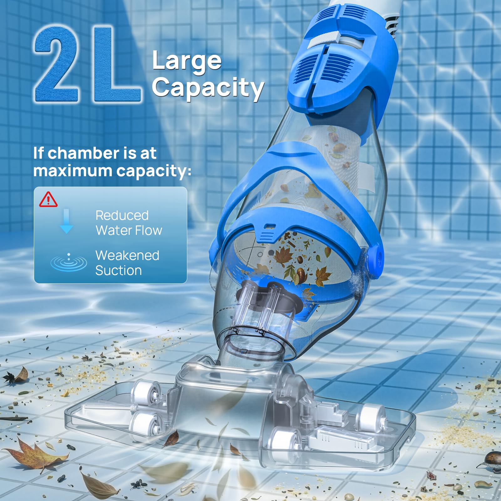 Consciot Pool Vacuum showing 2L capacity debris tank
