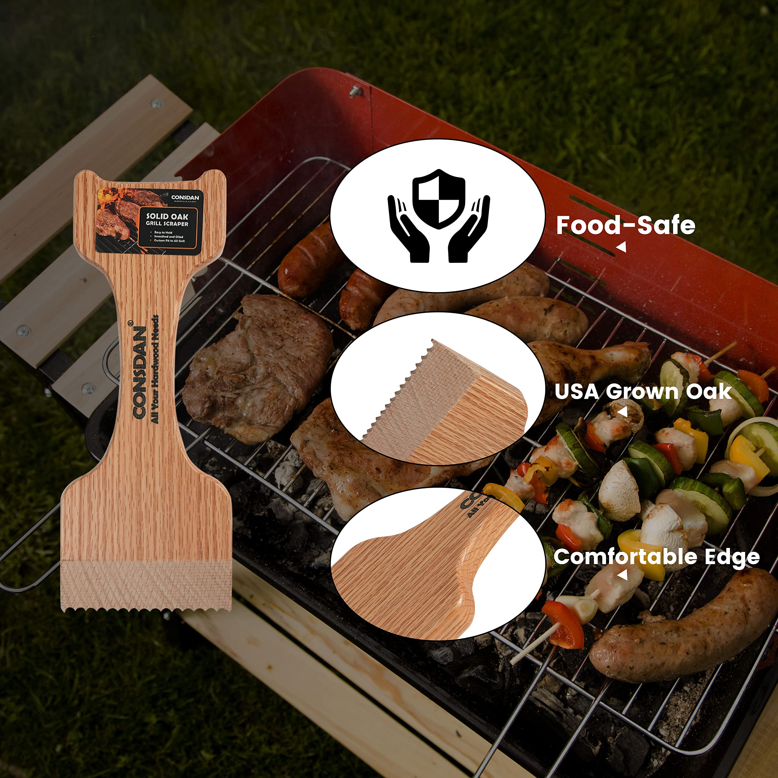 CONSDAN Wood Grill Scraper in use on a grill grate