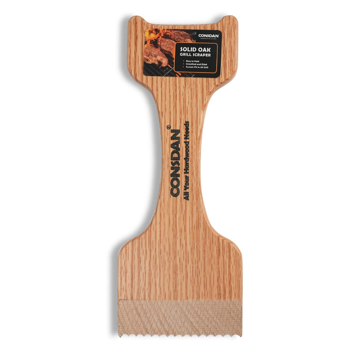 CONSDAN Wood Grill Scraper with barbecue tools in the background