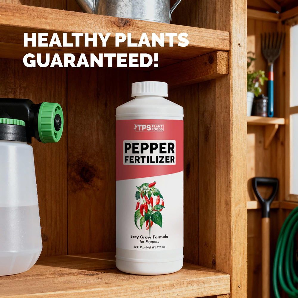 Container garden with peppers and TPS NUTRIENTS Fertilizer