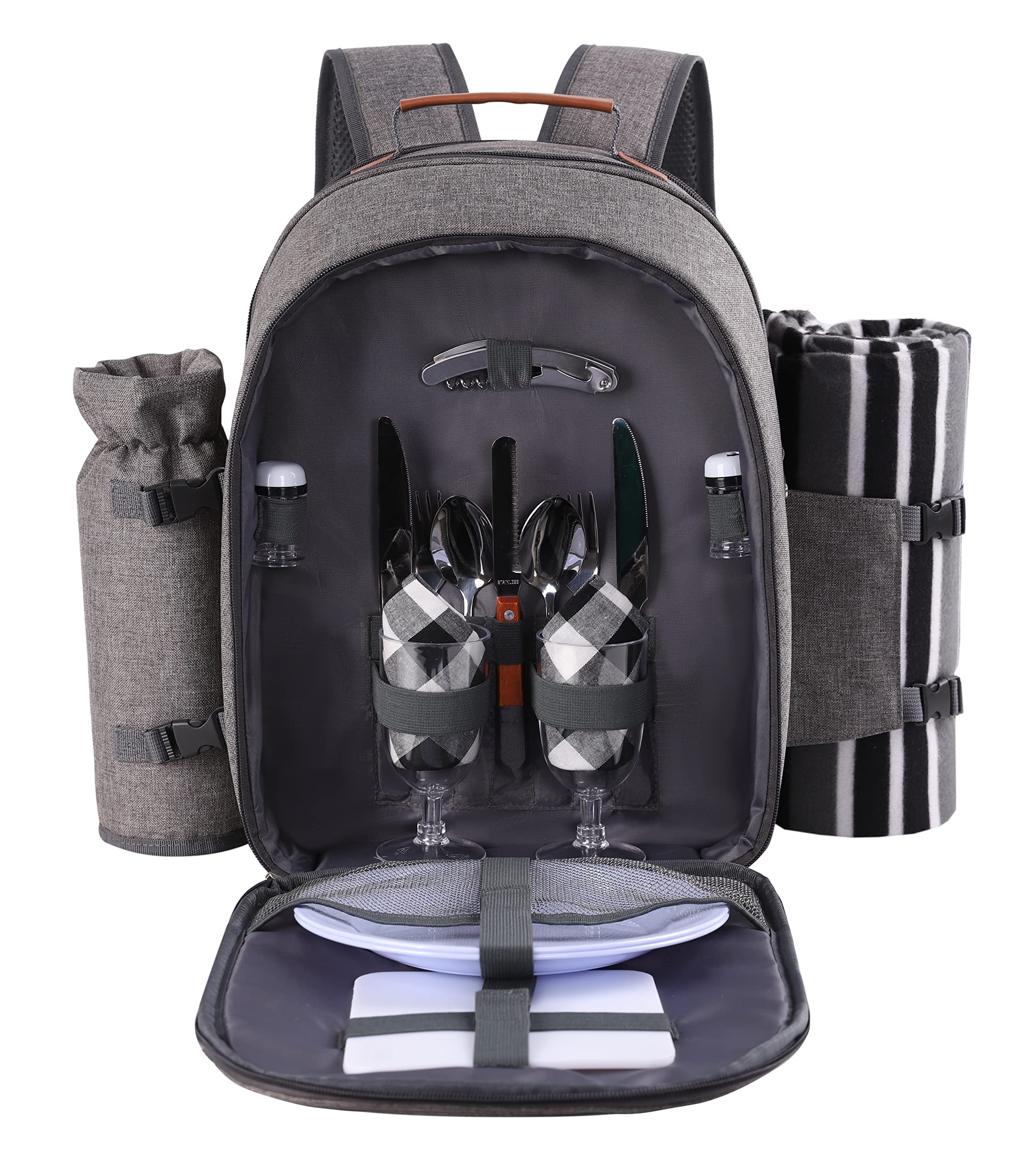 Contents of Apollo Walker Picnic Backpack including utensils and plates