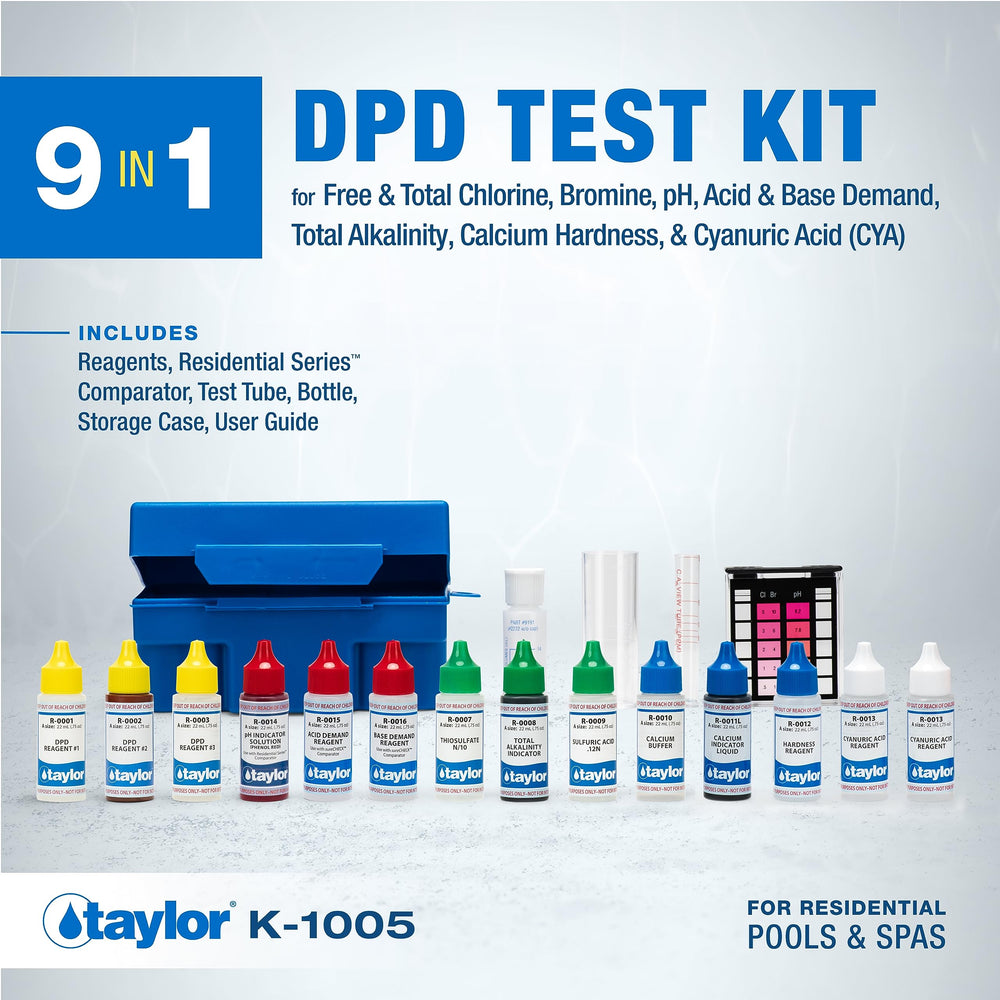 Contents of Taylor K-1005 pool test kit including reagents