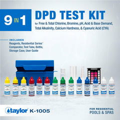 Contents of Taylor K-1005 pool test kit including reagents