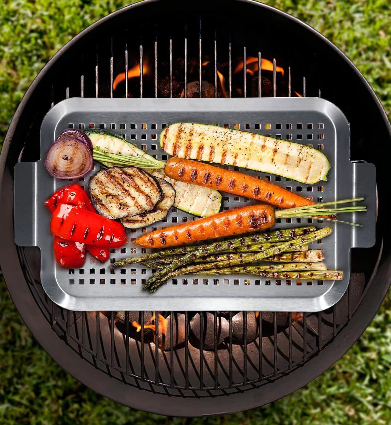 Cook Time grill pan set in use on charcoal grill