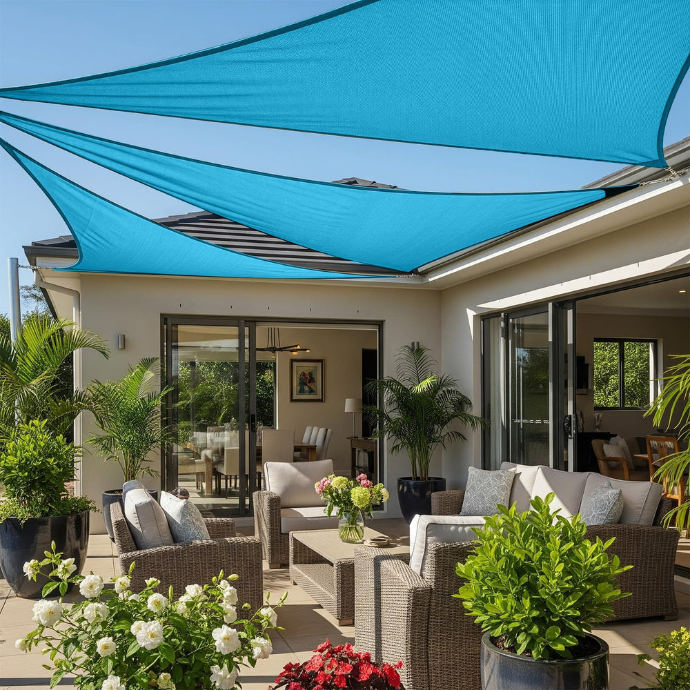 Cool Area Triangle Sun Shade Sail front view, turquoise blue