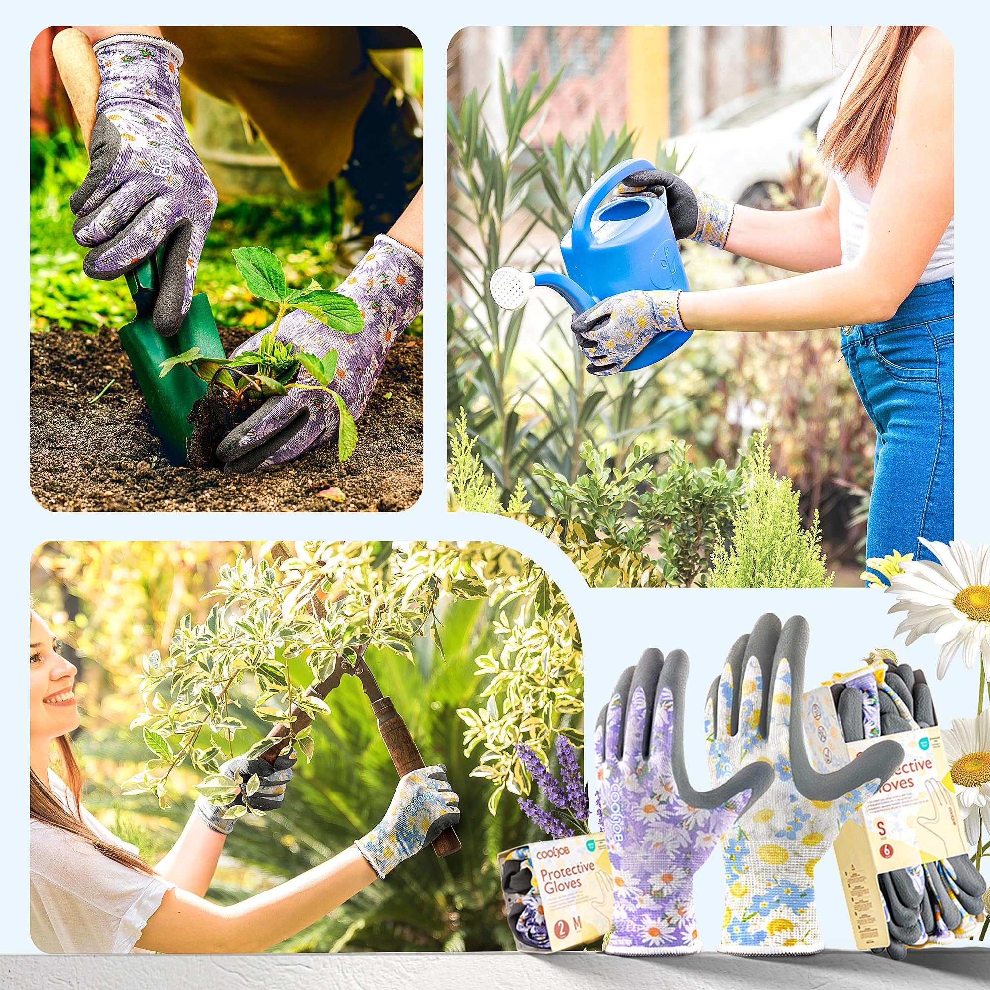 COOLJOB Gardening Gloves displayed with gardening tools