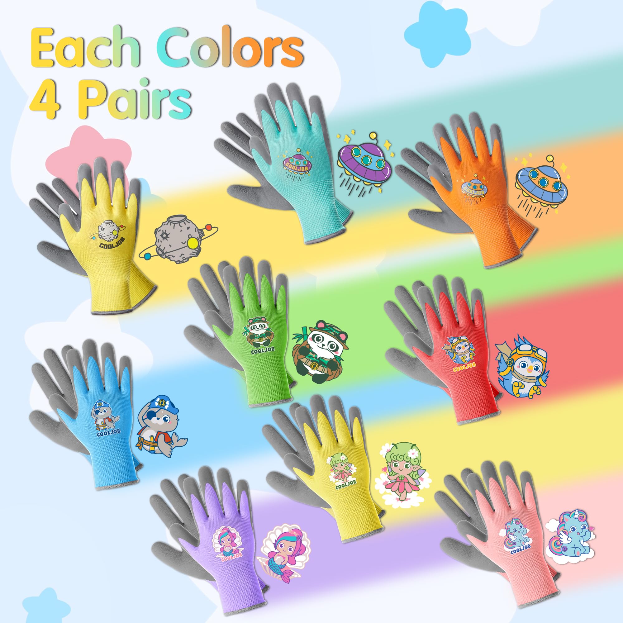 COOLJOB Kids Gardening Gloves with playful cartoon designs