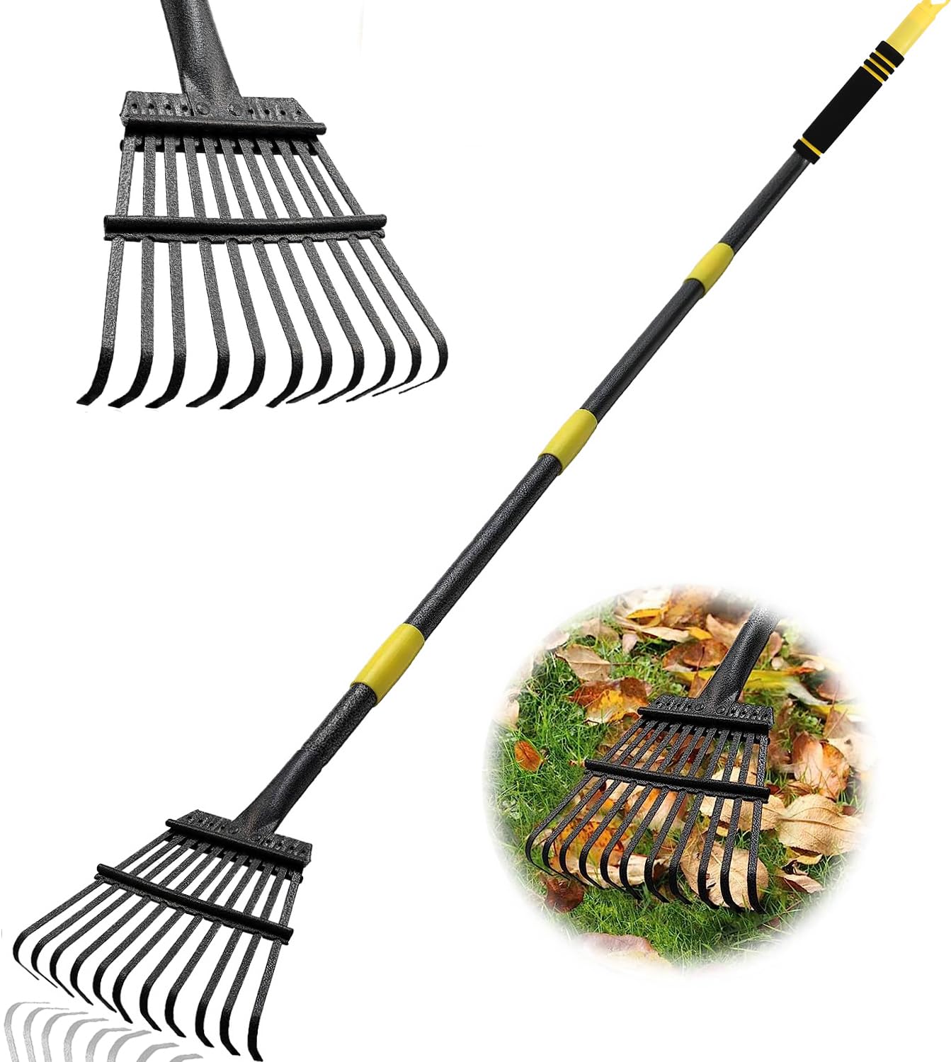 Coopvivi Garden Leaf Rake side view showing metal tines