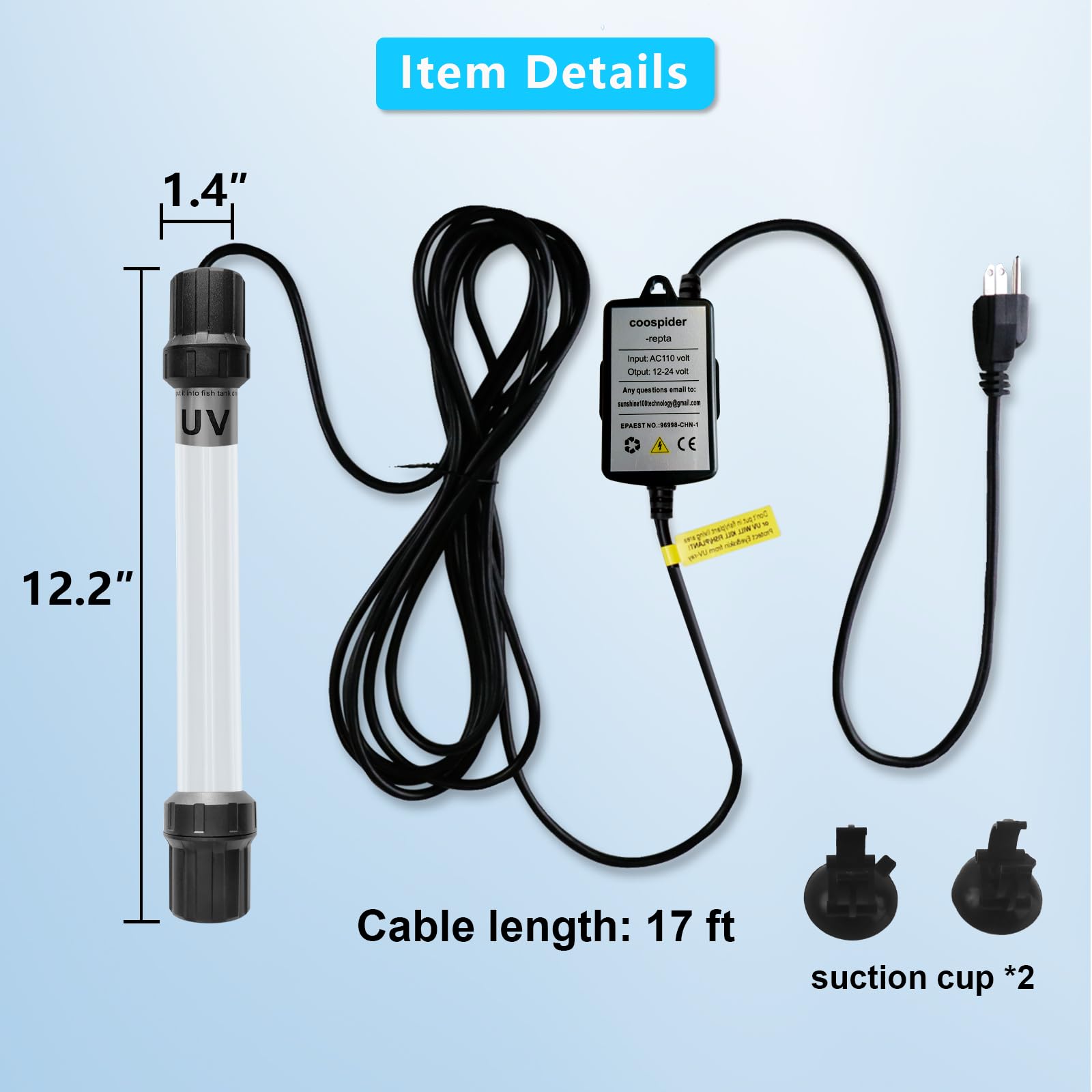 coospider-repta 18W Aquarium UV Light close-up of quartz glass