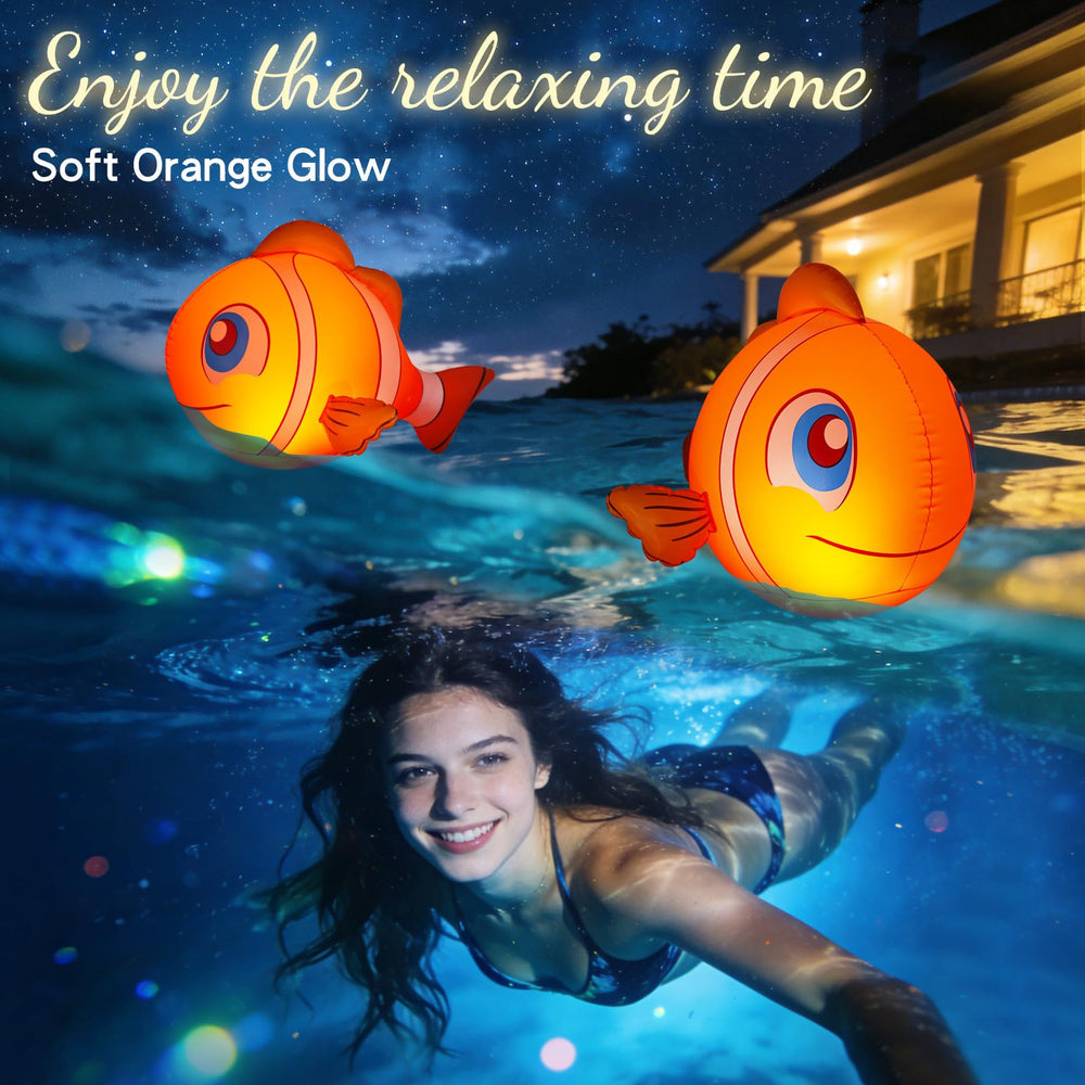 Cootway Clownfish Floating Pool Light illuminated at night