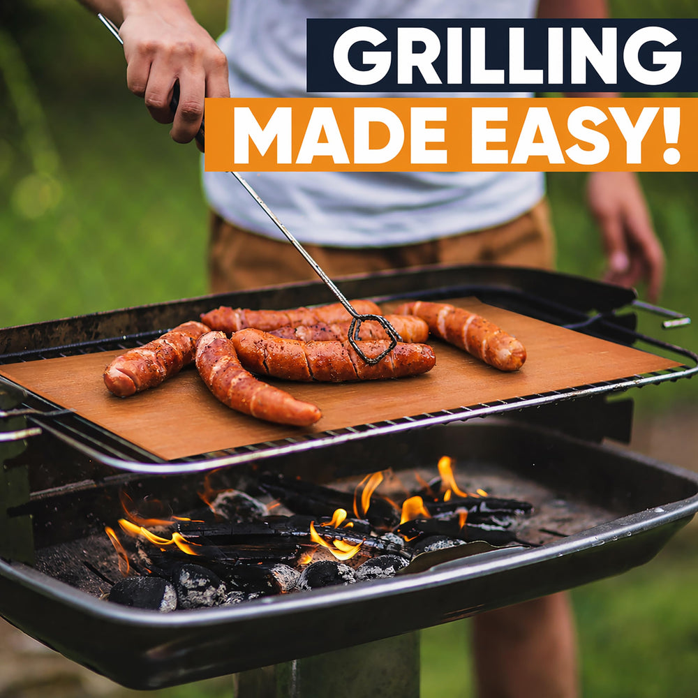 Copper BBQ Grill Mat laid out on a grill surface