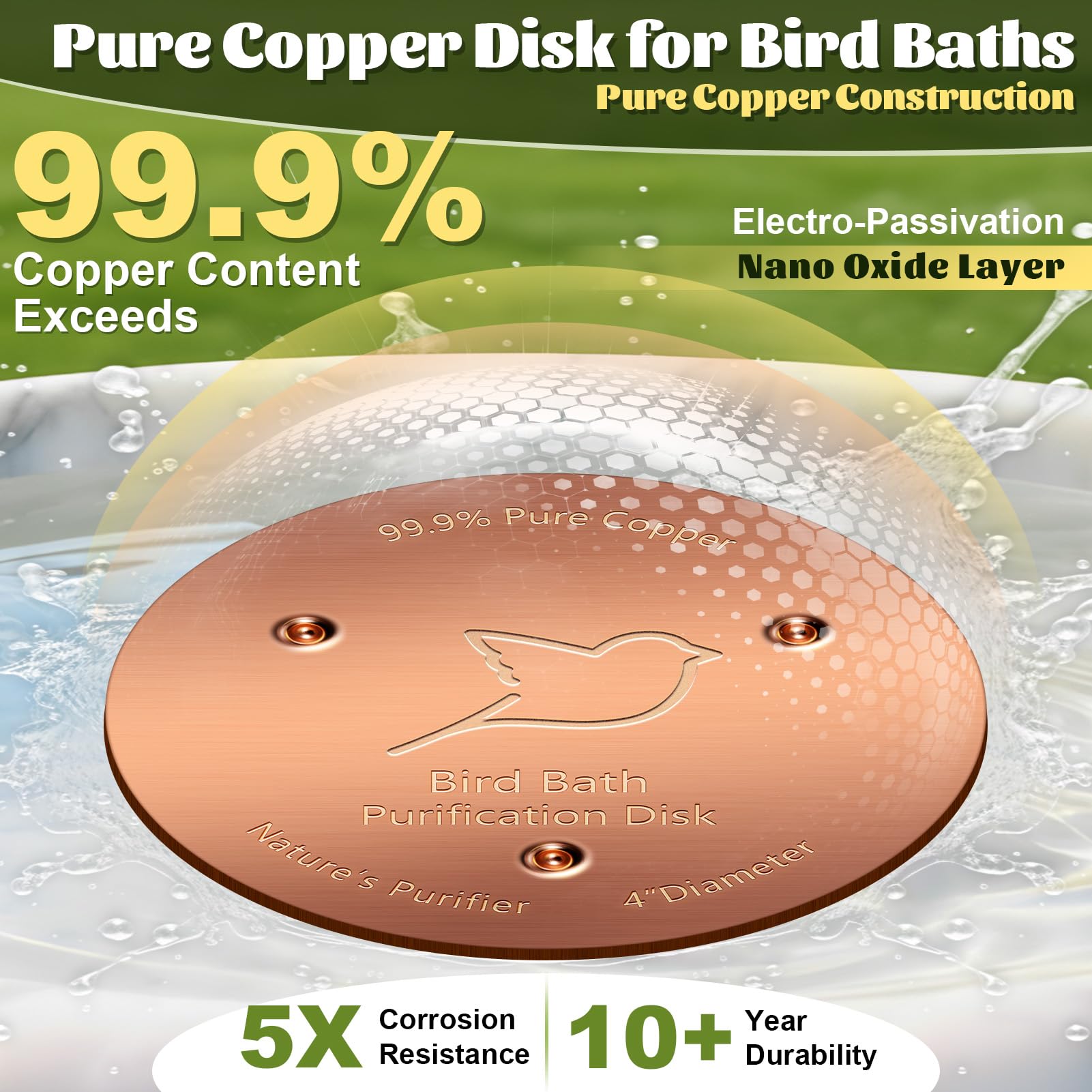 Copper disk being used in a garden birdbath