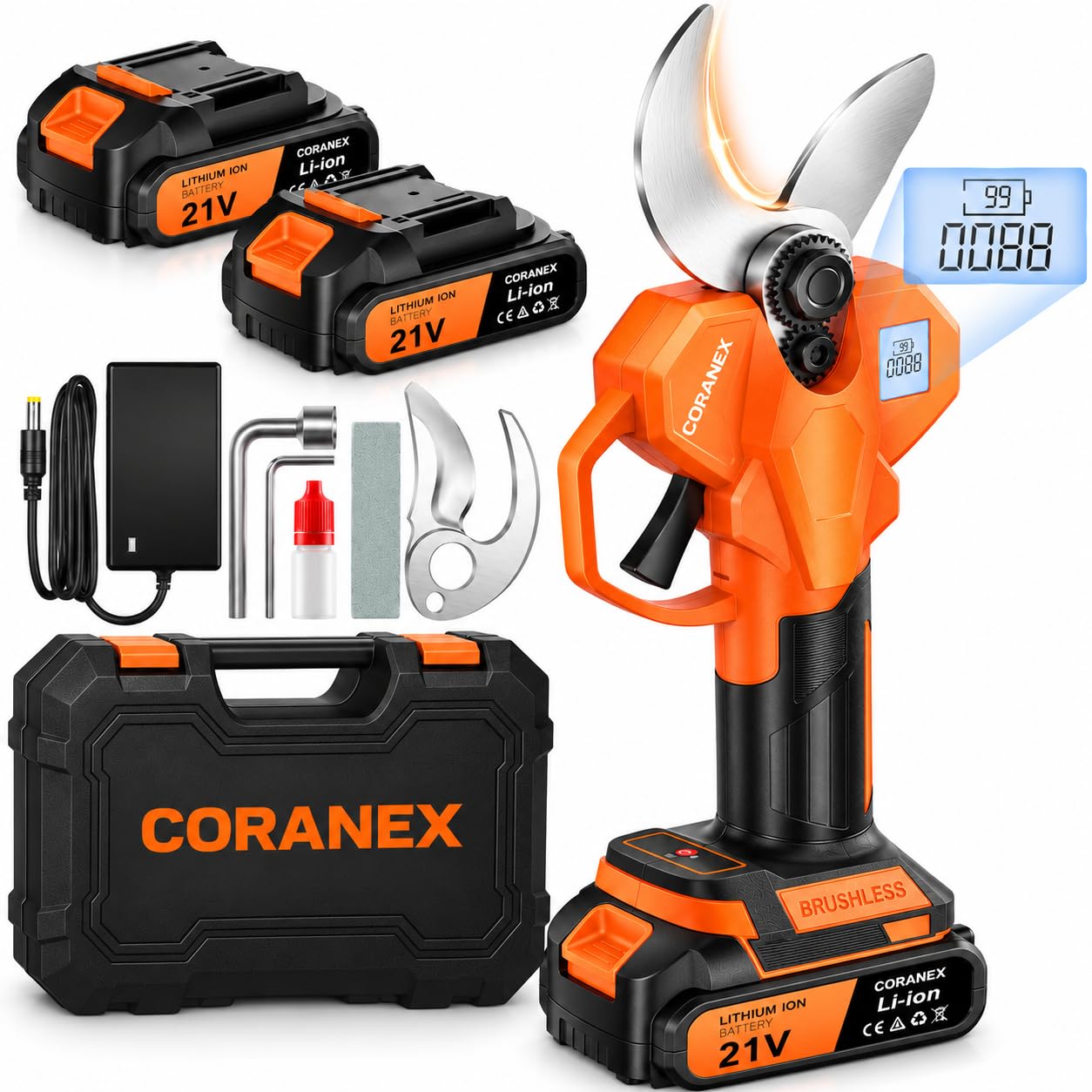 Coranex cordless electric pruning shears front view with orange handle