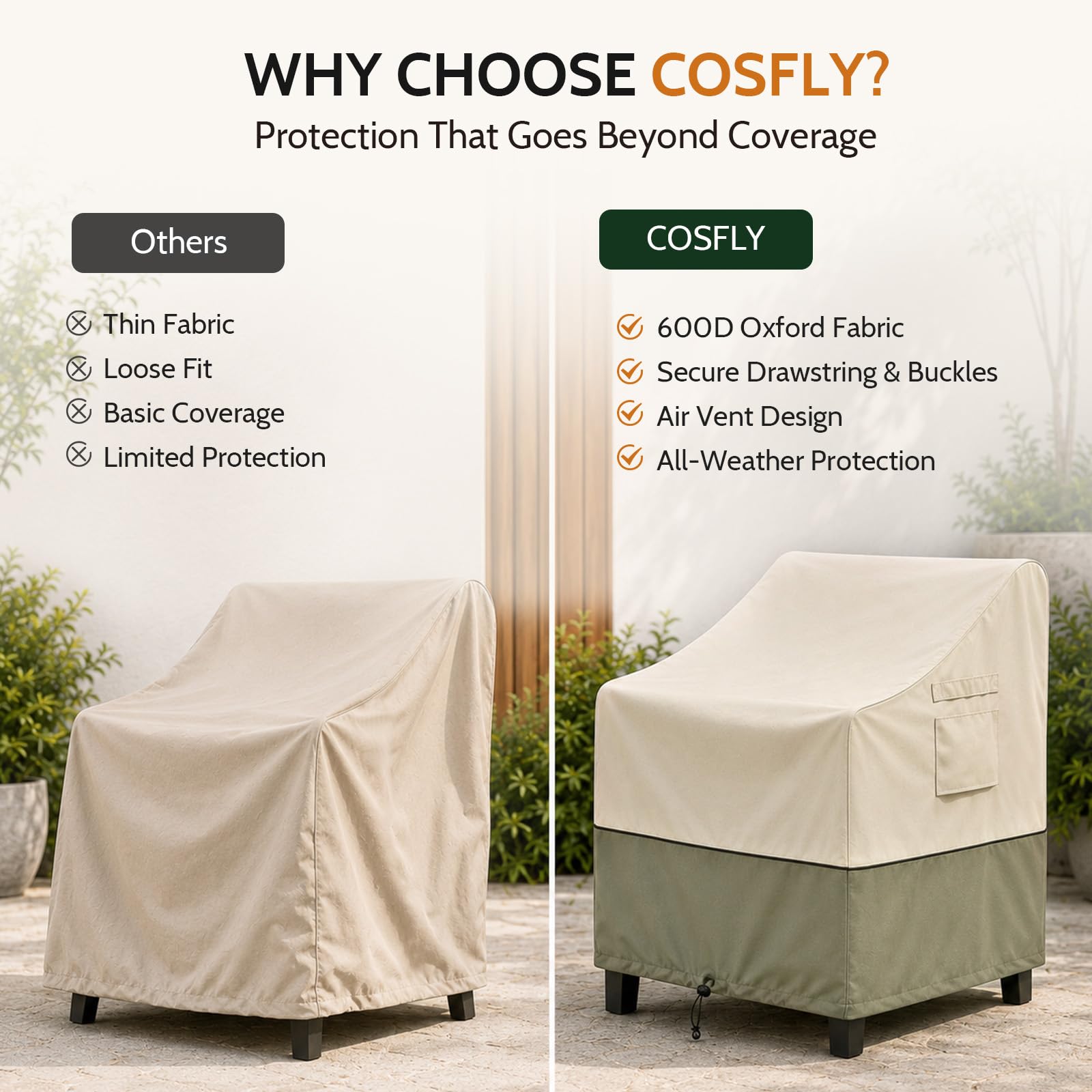 COSFLY chair covers secured with buckle straps