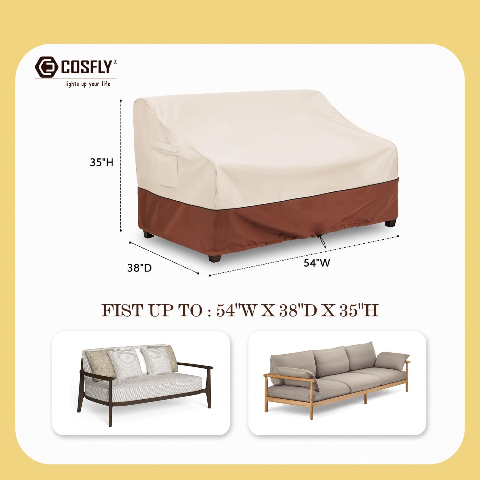 COSFLY cover showing dimensions 54W x 38D x 35H