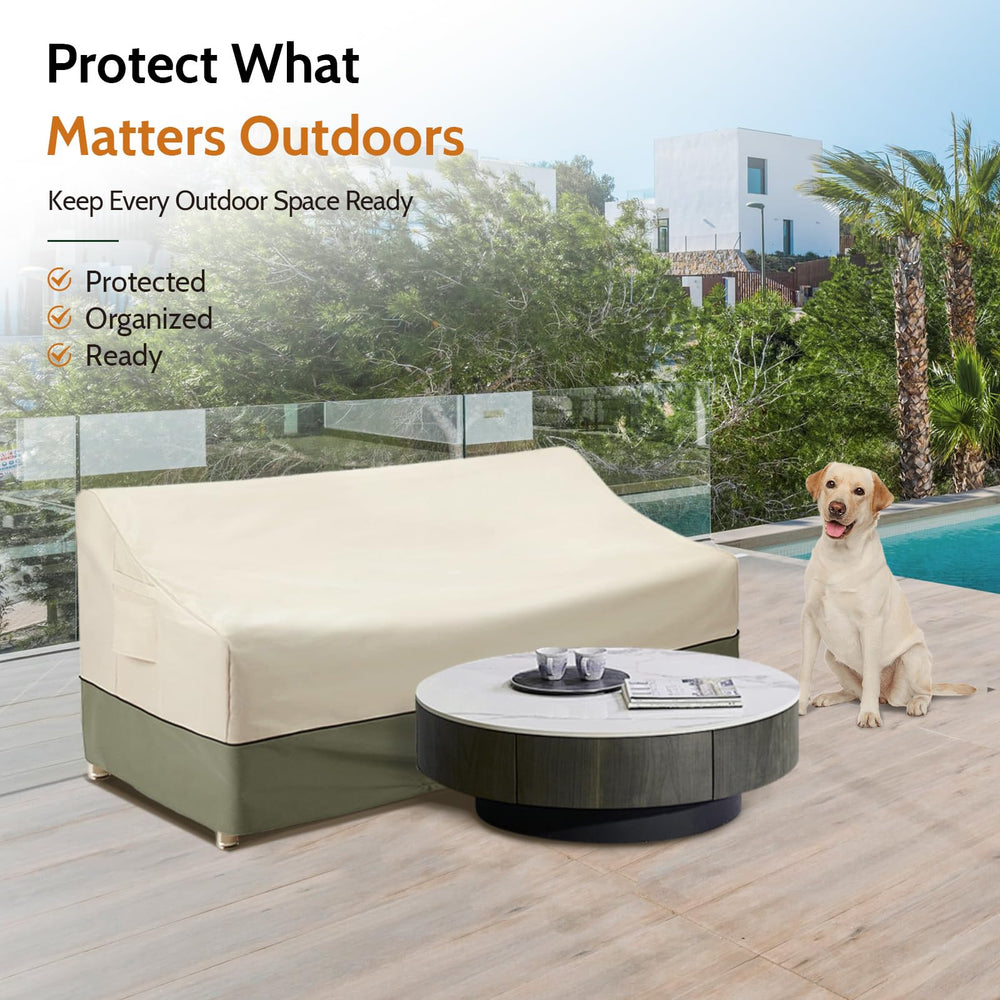 COSFLY Patio Furniture Cover secured on a sofa outdoors