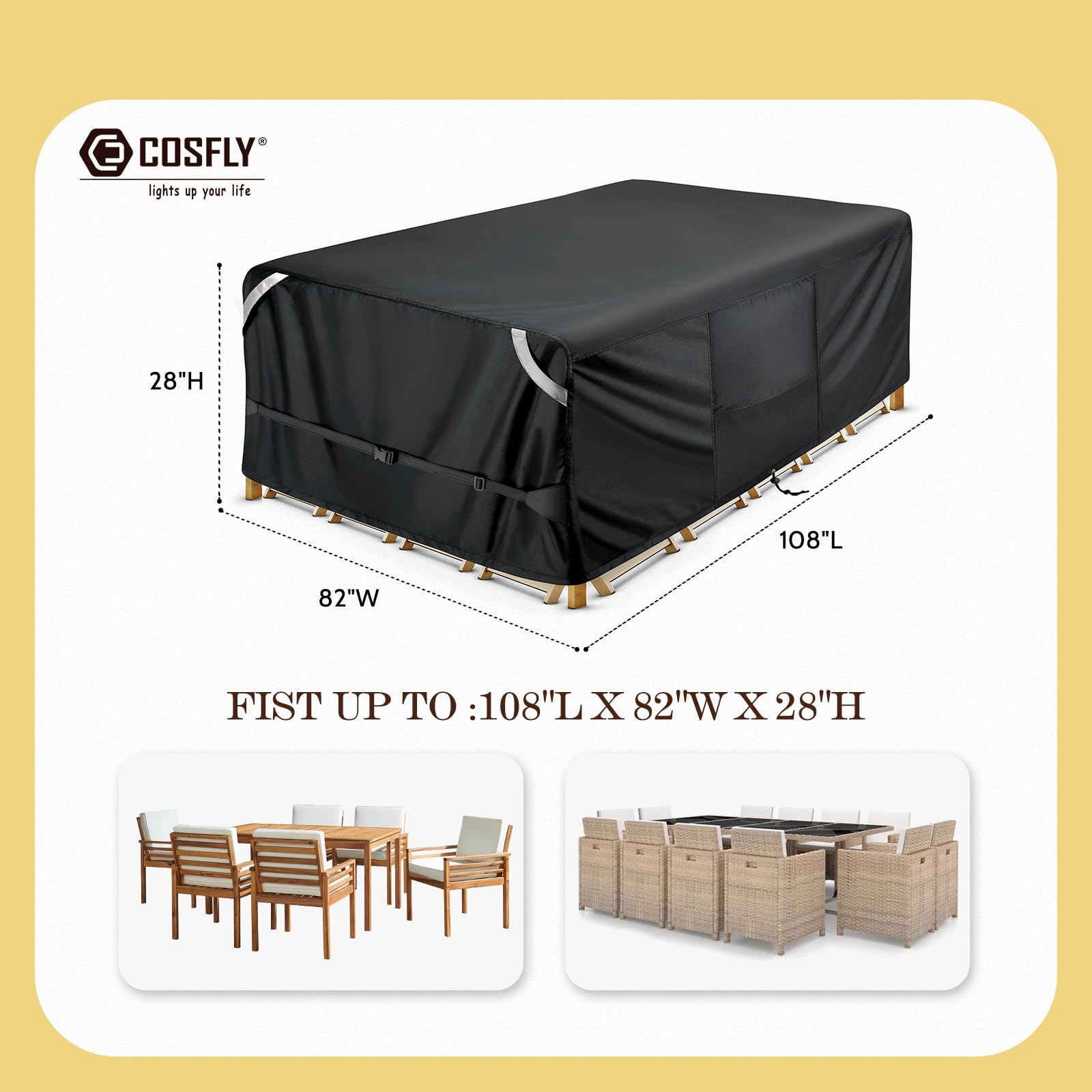 COSFLY Patio Furniture Cover side view showcasing 600D Oxford fabric