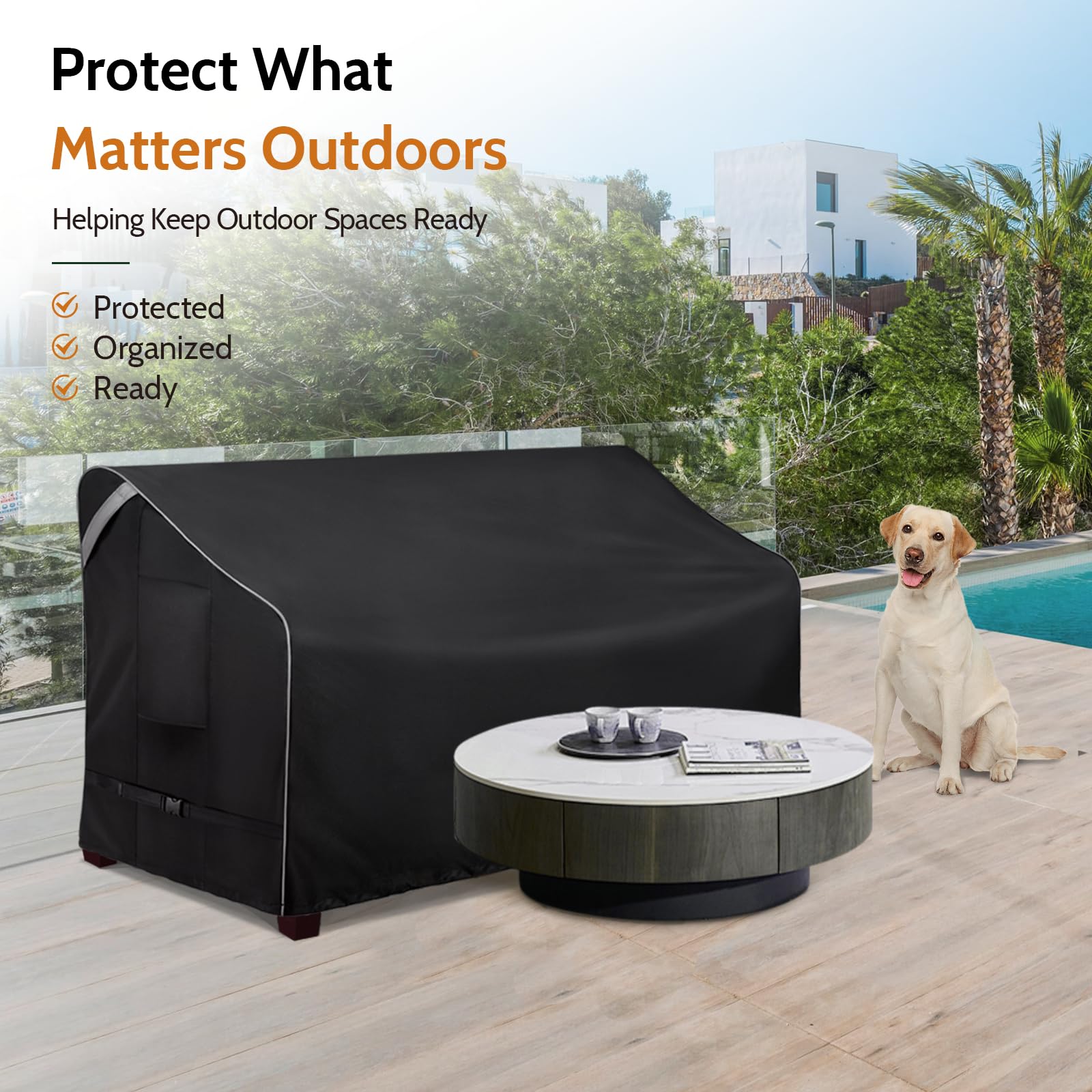 COSFLY Patio Sofa Cover demonstrating secure fit on patio furniture