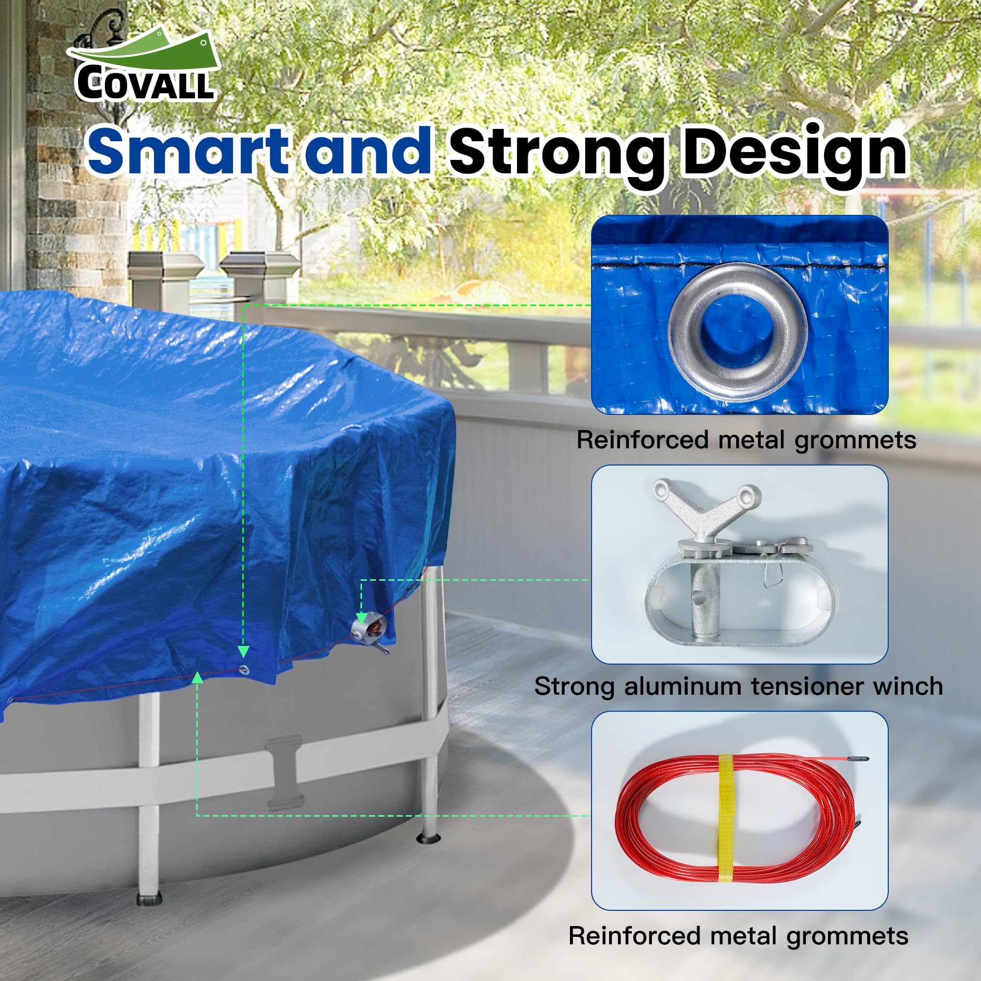 Covall pool cover packaging with specifications listed