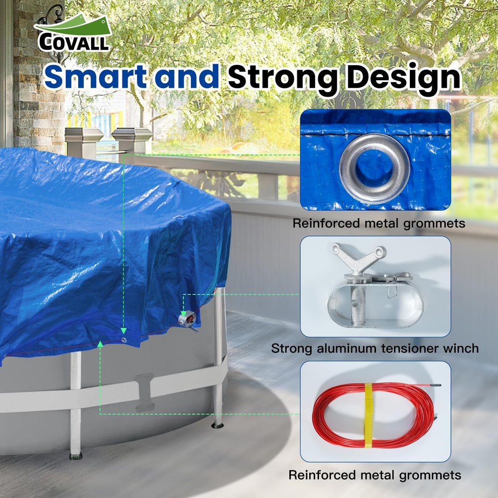 Covall pool cover packaging with specifications listed