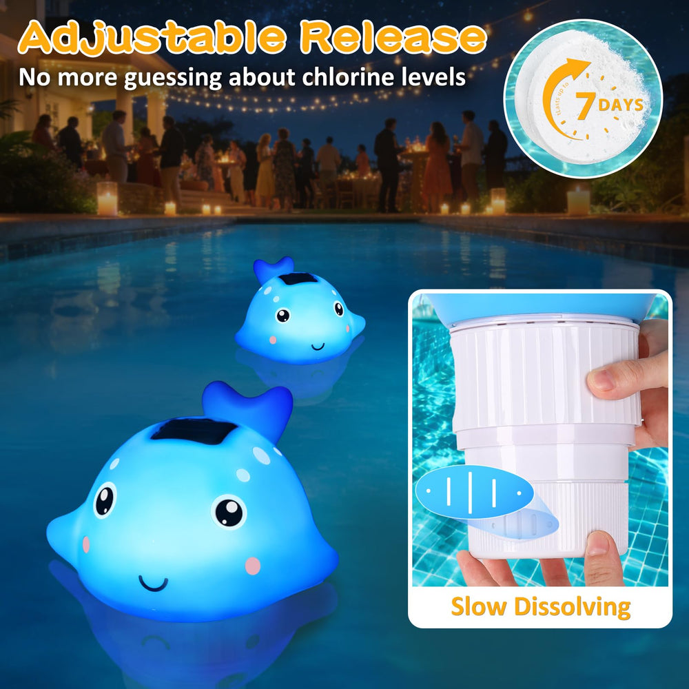 Covfirst Solar Pool Chlorine Floater in pool emitting glow at night