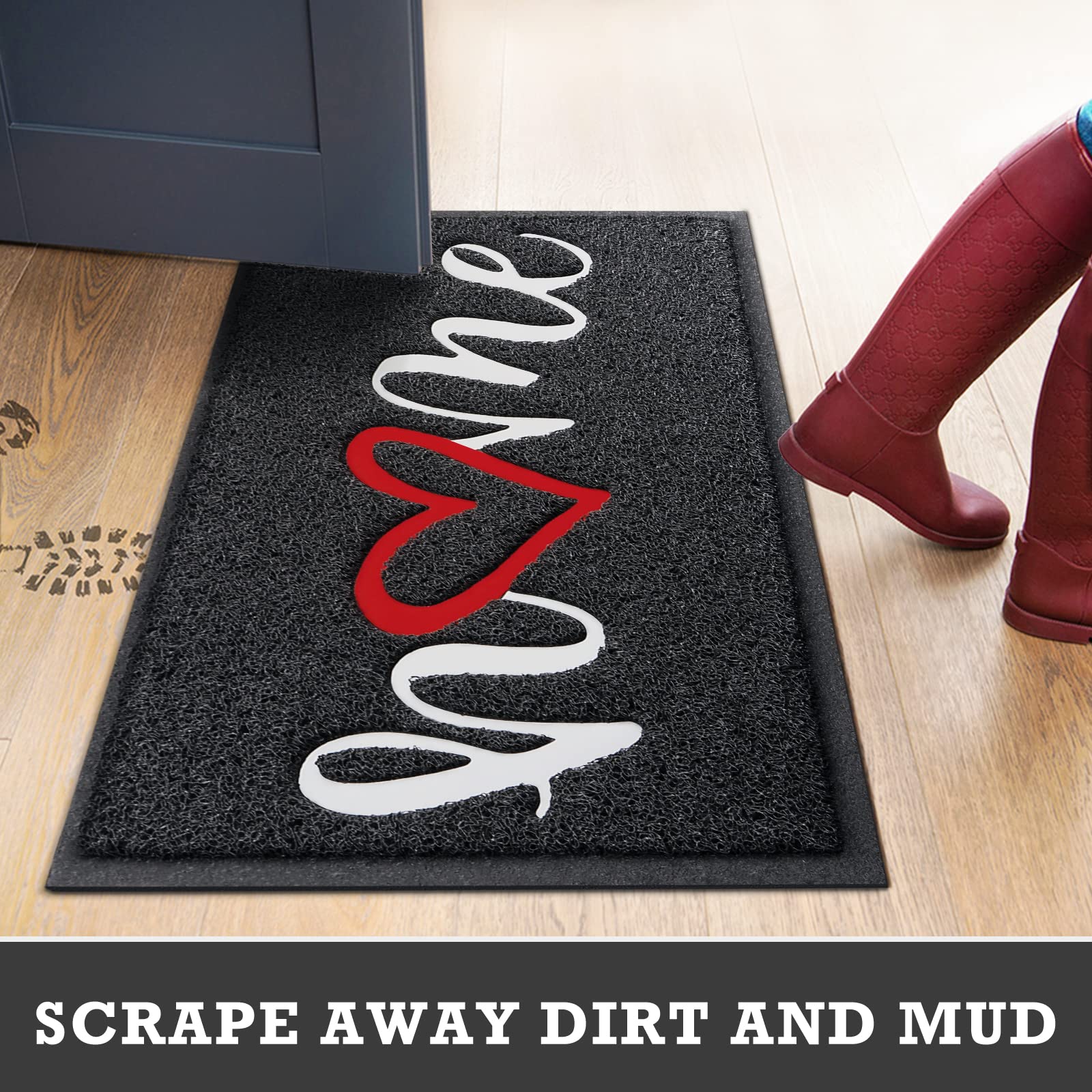 CozyBounty Black Door Mat with dirt being scraped off shoes