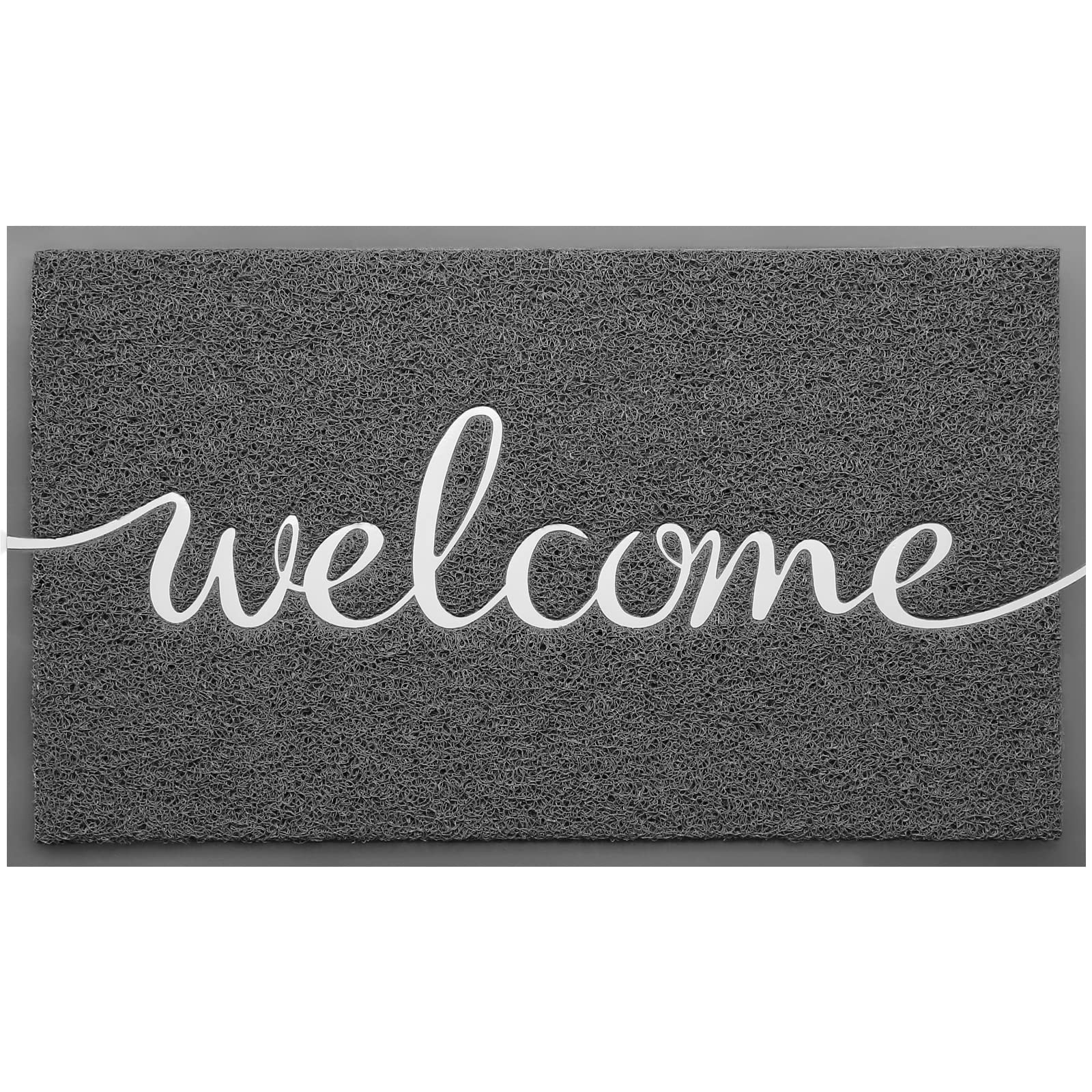 CozyBounty Grey Door Mat front view with embossed welcome design