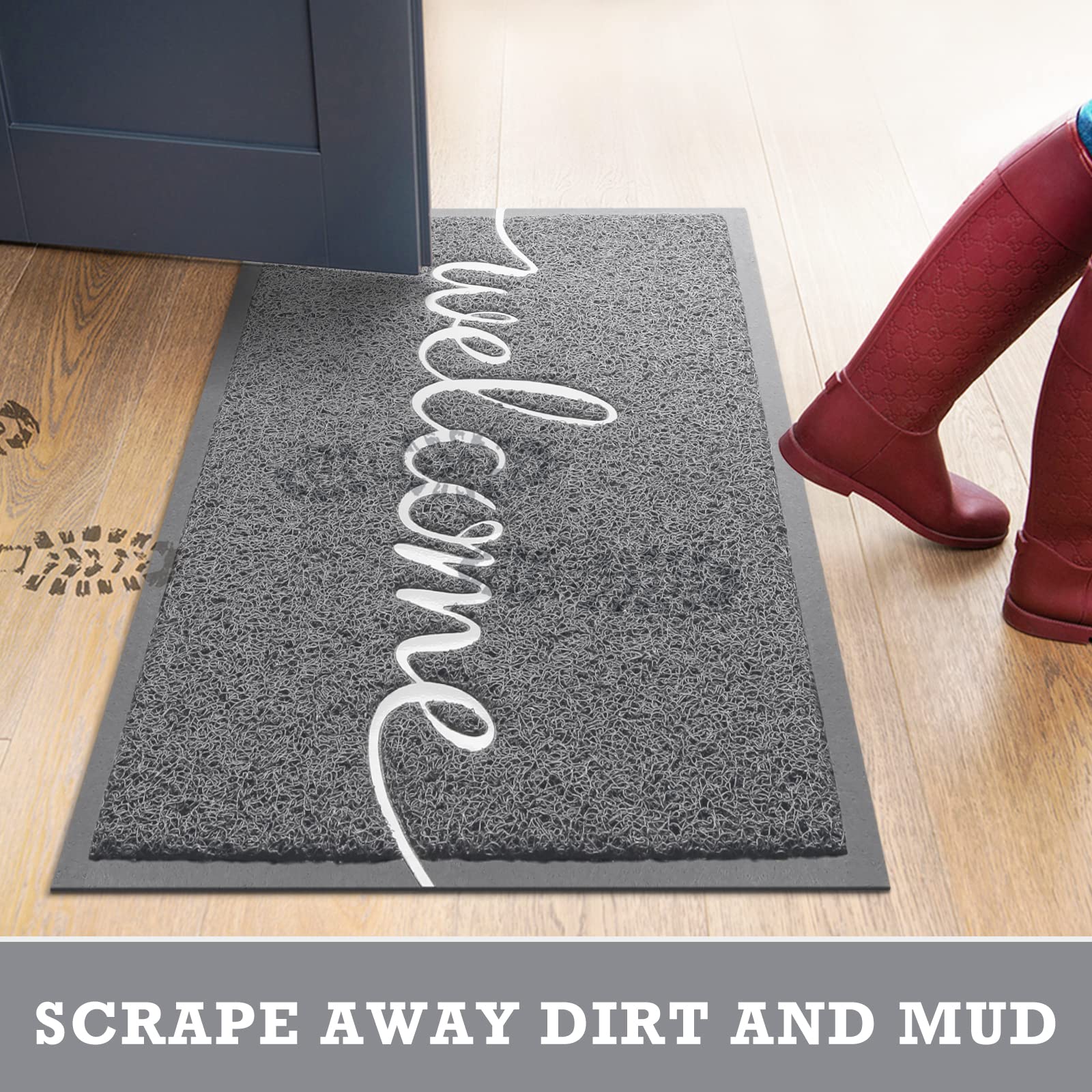 CozyBounty Grey Door Mat in front of a patio door