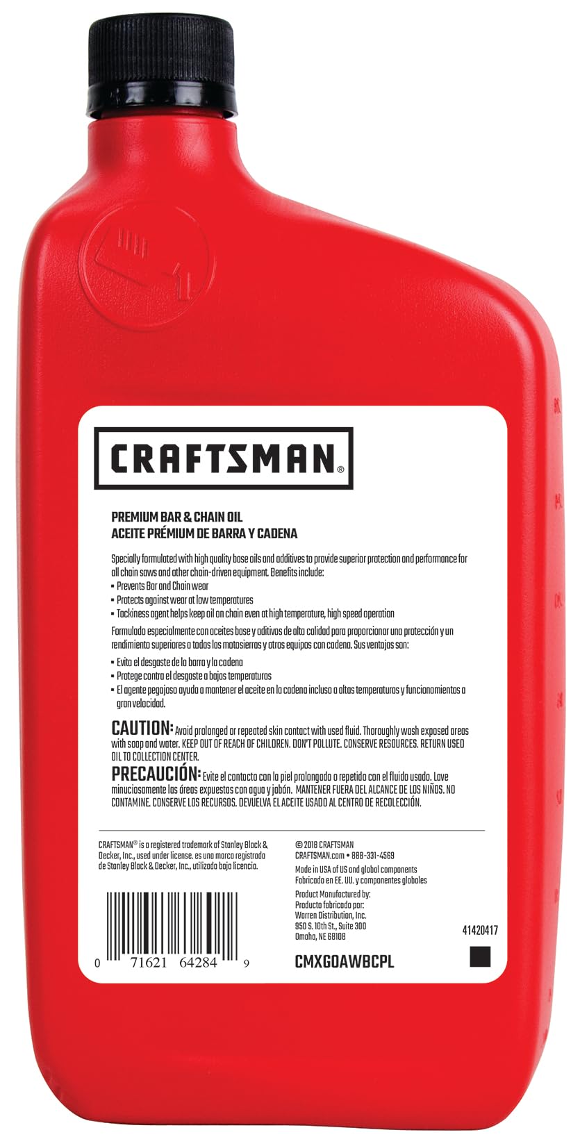 CRAFTSMAN Premium Bar & Chain Oil 1 Quart black bottle side view